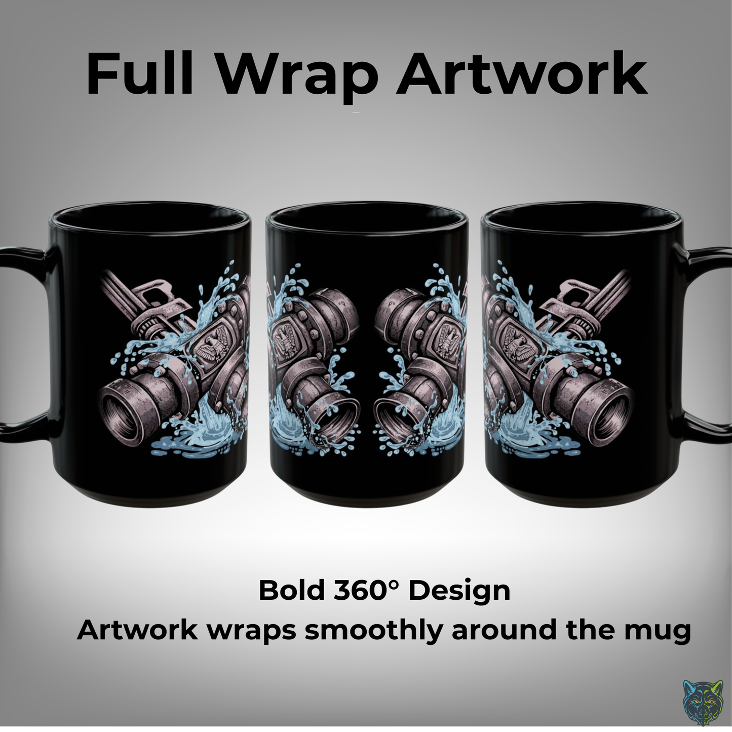 Plumber Coffee Mug Industrial Pipe Wrench Water Splash Design Black Ceramic 15oz Work Gift by Lair Gadgets