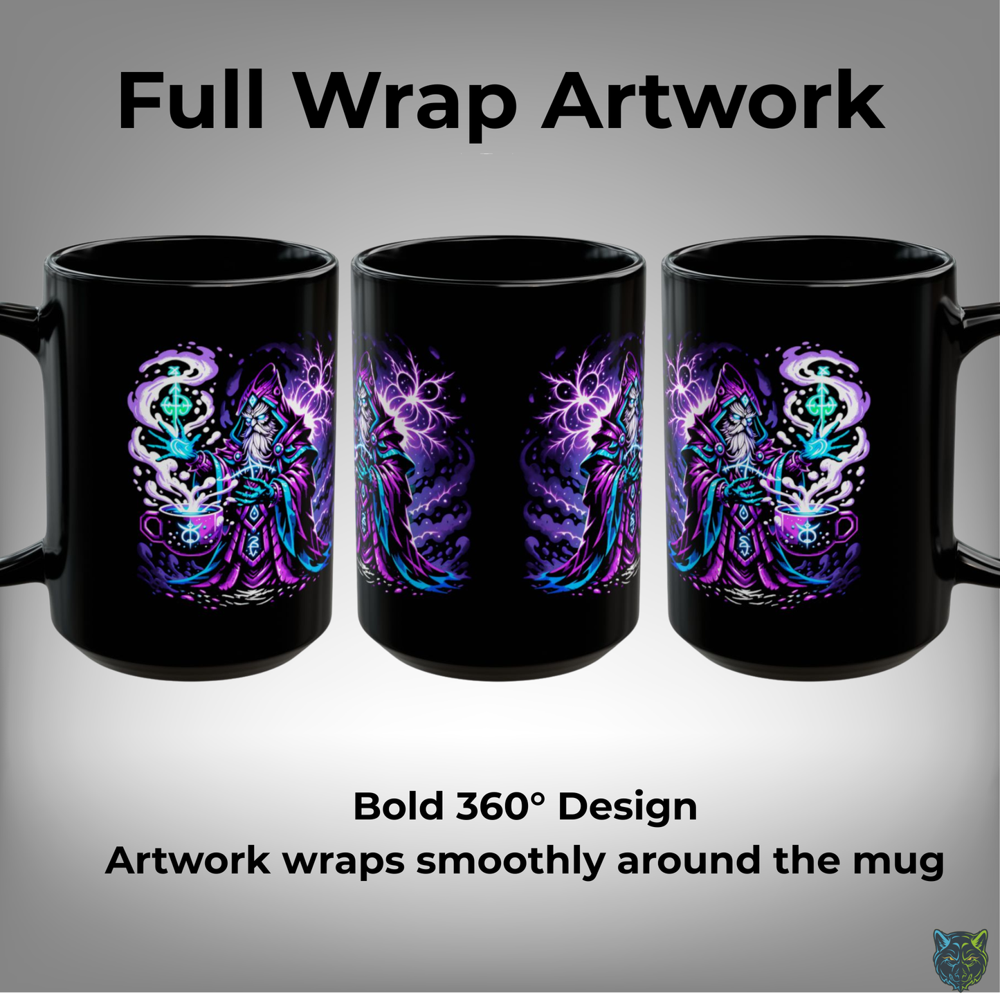 Wizard Coffee Mug Magic Spellcaster Design Black Ceramic 15oz Fantasy Gift by Lair Gadgets