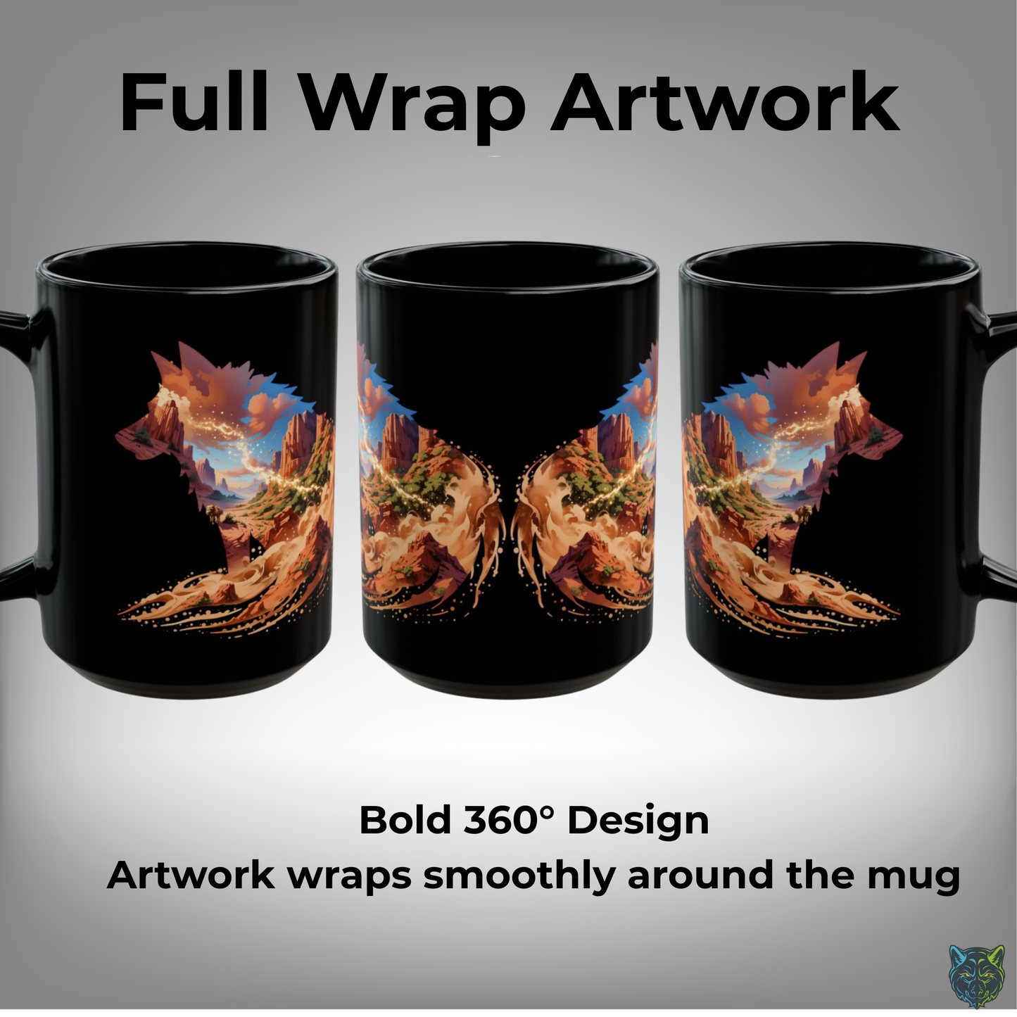 Wolf Coffee Mug Desert Canyon Silhouette Design Black Ceramic 15oz Nature Gift by Lair Gadgets