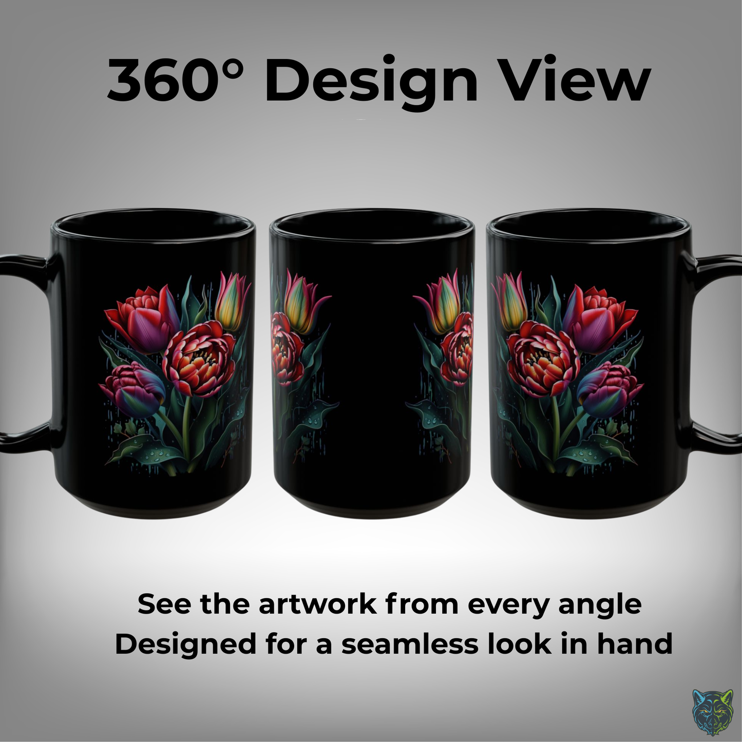 Tulip Coffee Mug Floral Bouquet Design Black Ceramic 15oz Spring Flower Gift by Lair Gadgets