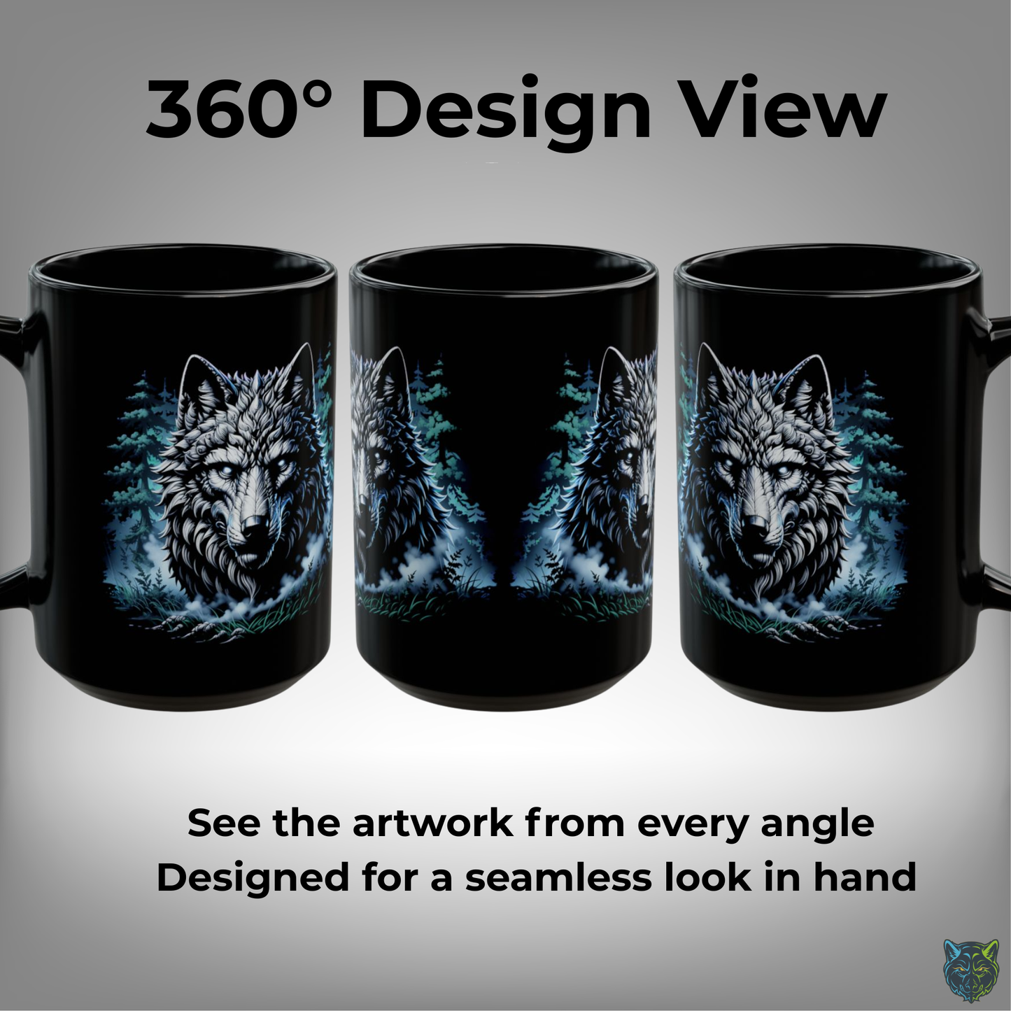 Wolf Coffee Mug Dark Forest Design Black Ceramic 15 Oz Wildlife Gift by Lair Gadgets