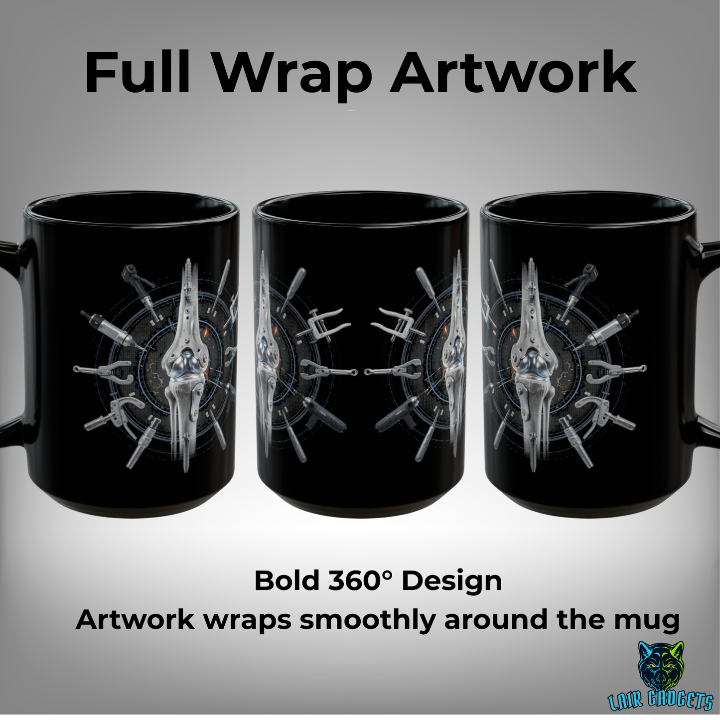 Orthopedic Surgeon Mug Knee Joint Design Black Ceramic 15 Oz Medical Gift by Lair Gadgets