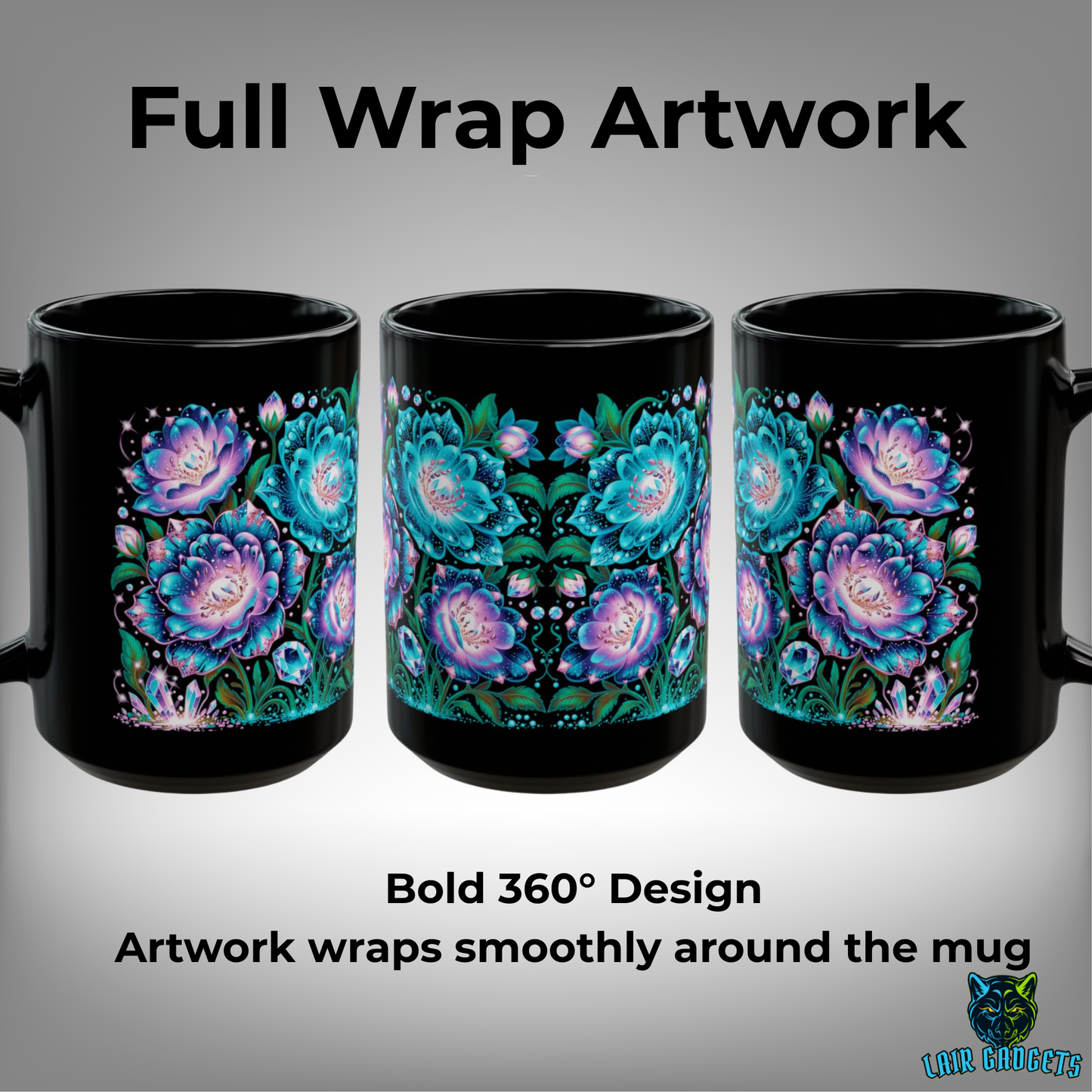 Floral Coffee Mug Teal Crystal Bloom Design Black Ceramic 15 Oz Gothic Gift by Lair Gadgets