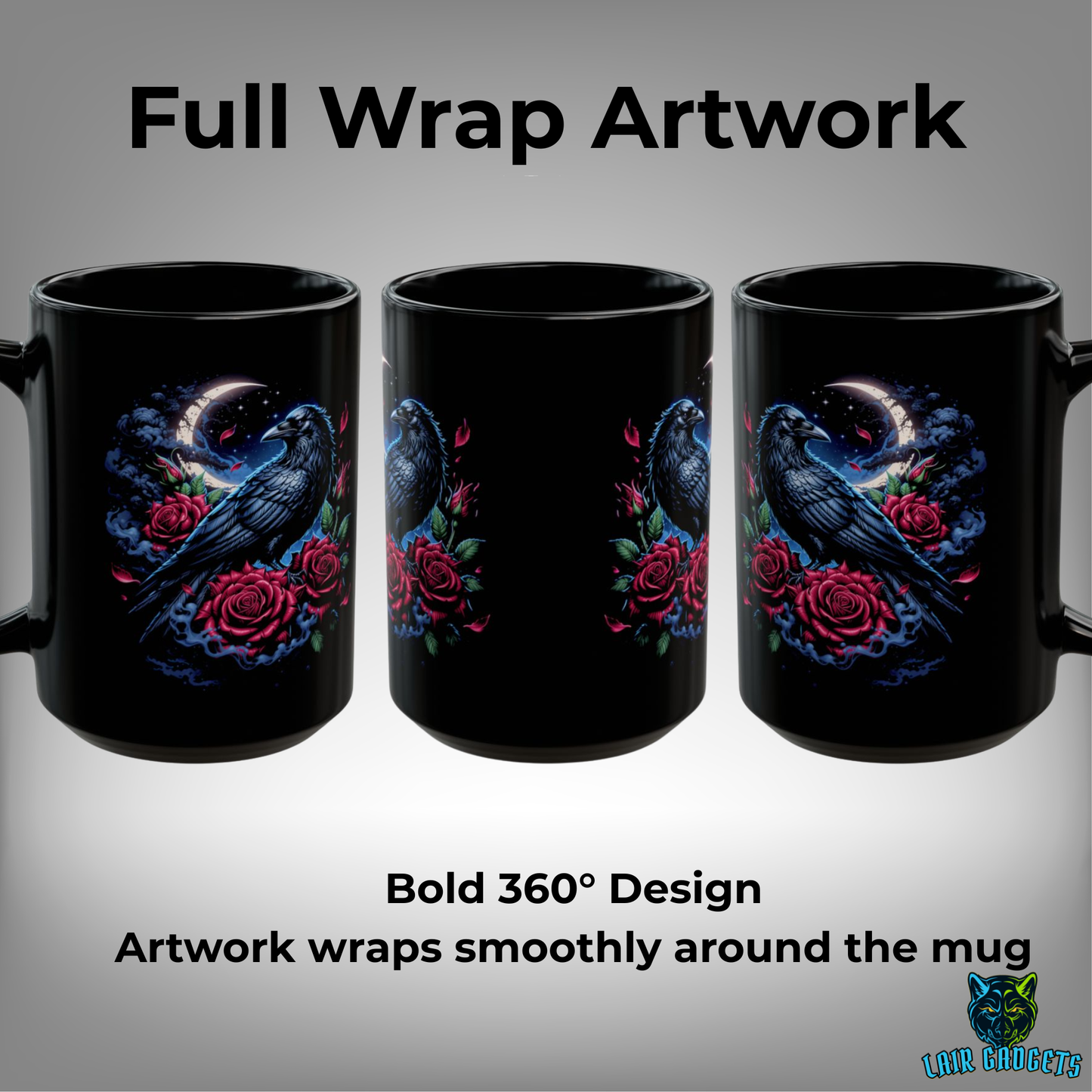 Raven Coffee Mug Crescent Moon Rose Design Black Ceramic 15 Oz Gothic Gift by Lair Gadgets