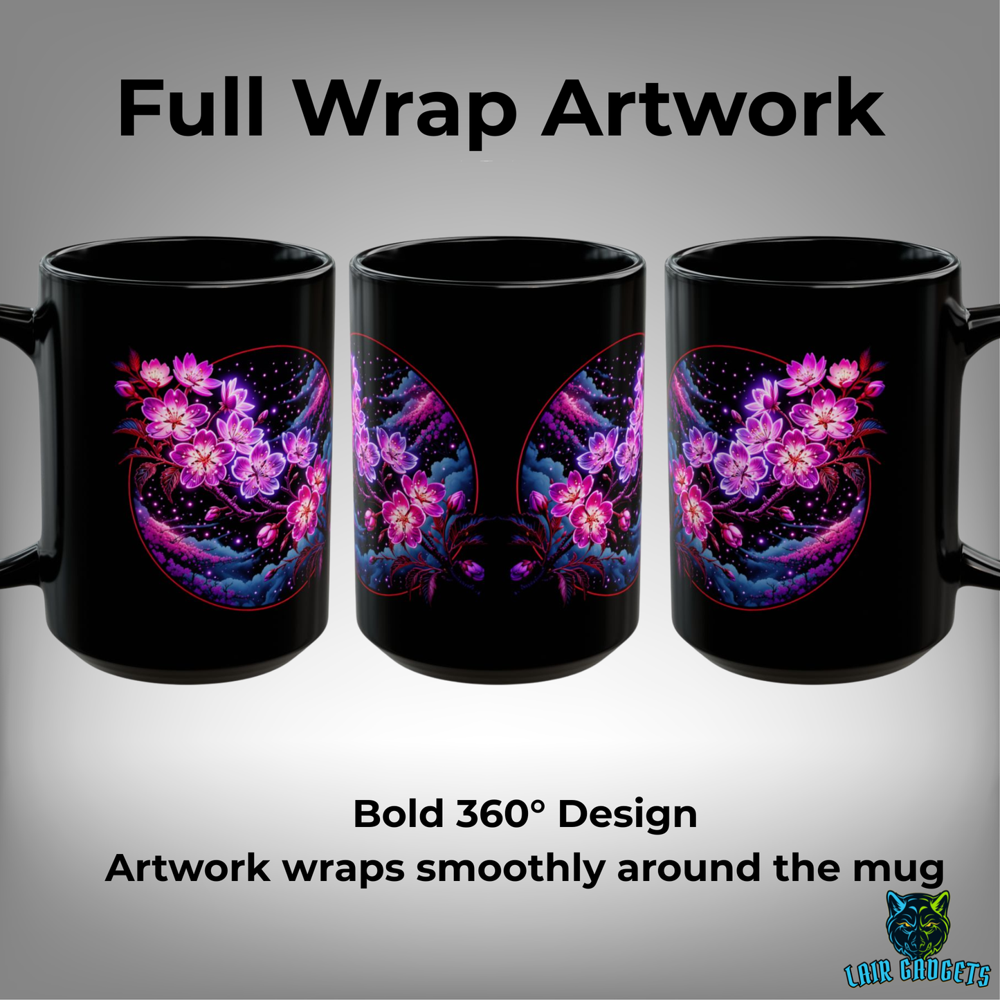 Cherry Blossom Mug Starry Night Floral Design Black Ceramic 15 Oz Gothic Gift by Lair Gadgets