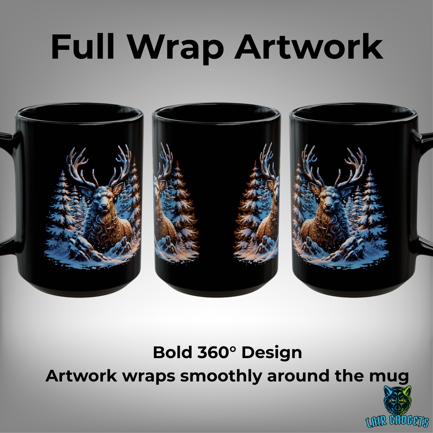 Winter Elk Mug – Black Ceramic Wildlife Coffee Mug for Cabin Decor and Nature Lovers – 15oz – by Lair Gadgets