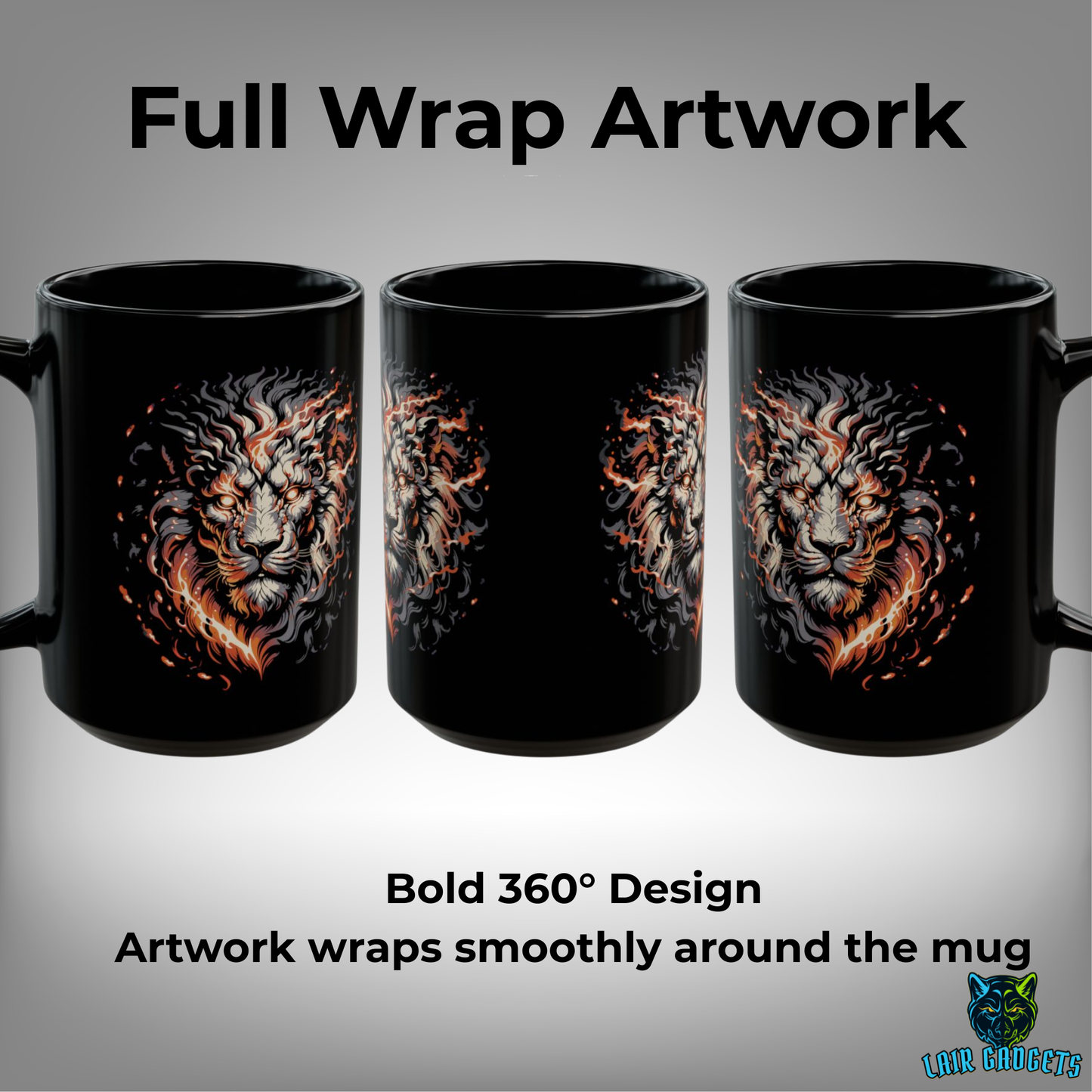 Fire Lion Mug – Black Ceramic Fantasy Lion Coffee Mug for Mythic Decor and Gamers – 15oz – by Lair Gadgets
