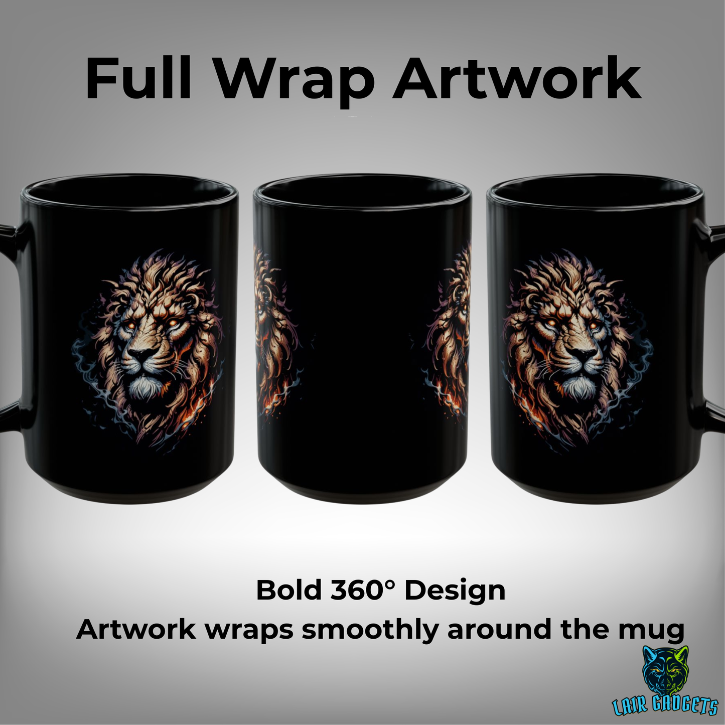 Fantasy Lion Mug – Black Ceramic Coffee Mug for Gamers and Mythic Decor Fans – 15oz – by Lair Gadgets