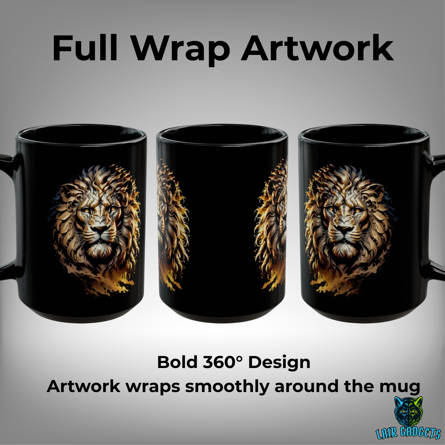 Lion Coffee Mug – Black Ceramic Mug for Men and Office Desk Decor – 15oz – by Lair Gadgets