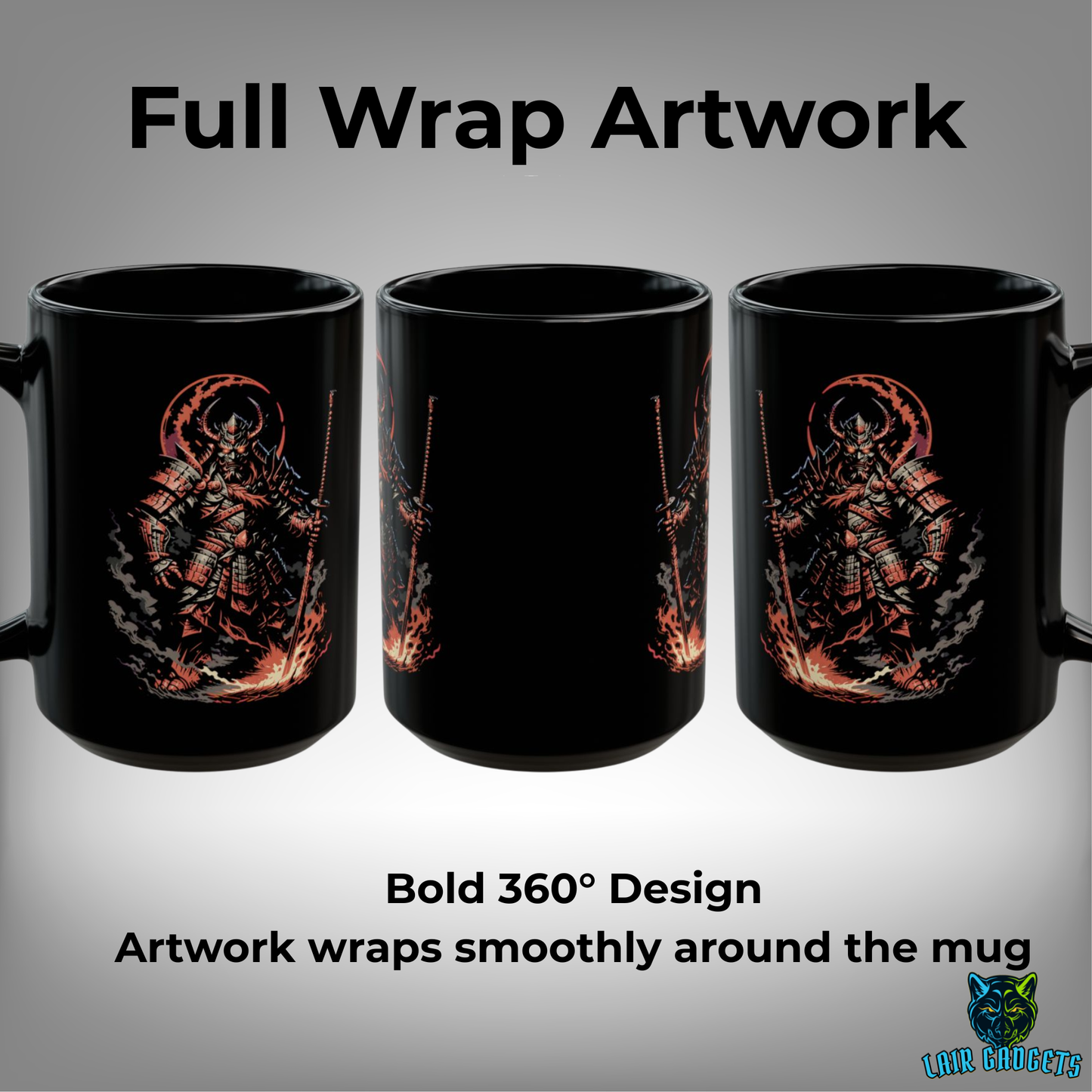 Samurai Warrior Mug – Black Ceramic Warrior Coffee Mug for Men and Masculine Desk Decor – 15oz – by Lair Gadgets