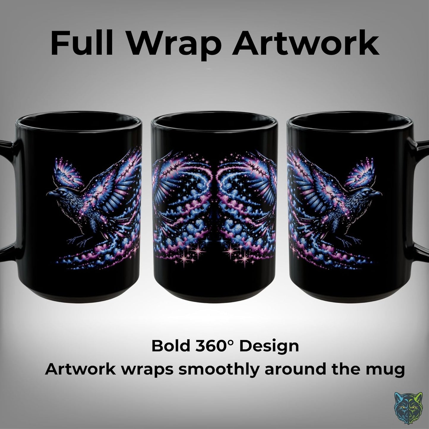 Raven Coffee Mug Cosmic Raven Design Black Ceramic 15oz Fantasy Bird Art