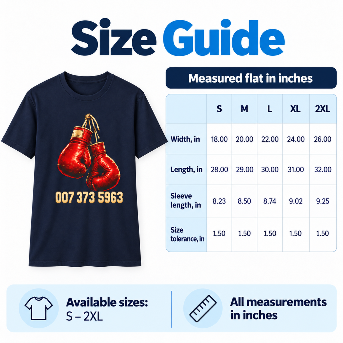 Size chart with flat measurements for S through 2XL