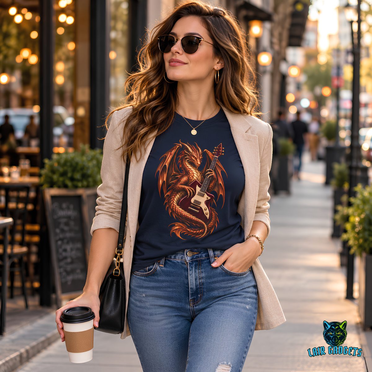 Model wearing a graphic tee with a copper dragon wrapped around an electric guitar, on a city sidewalk