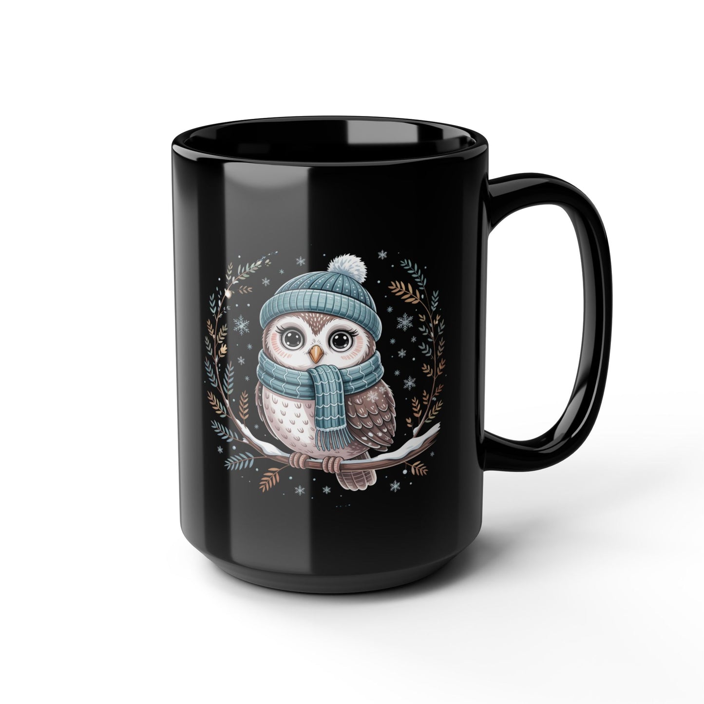 Winter Wisdom Owl Mug by Lair Gadgets – 15 oz Black Ceramic Coffee Cup with Cozy Snowy Owl and Scarf Design