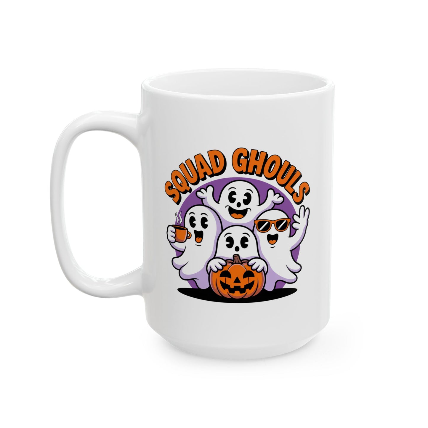 Squad Ghouls Halloween Coffee Mug – 15 oz White Ceramic Cup with Cute Ghosts & Pumpkin Design – Fall & Spooky Season Drinkware