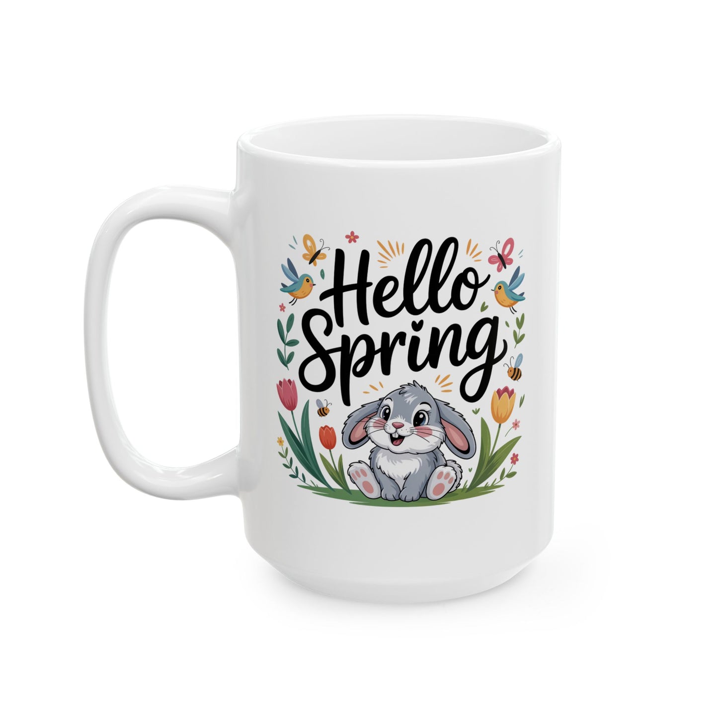 Spring Coffee Mug with Bunny and Butterflies Design, White Ceramic 15 oz Mug, Easter and Seasonal Drinkware- B0GKBR6LHZ