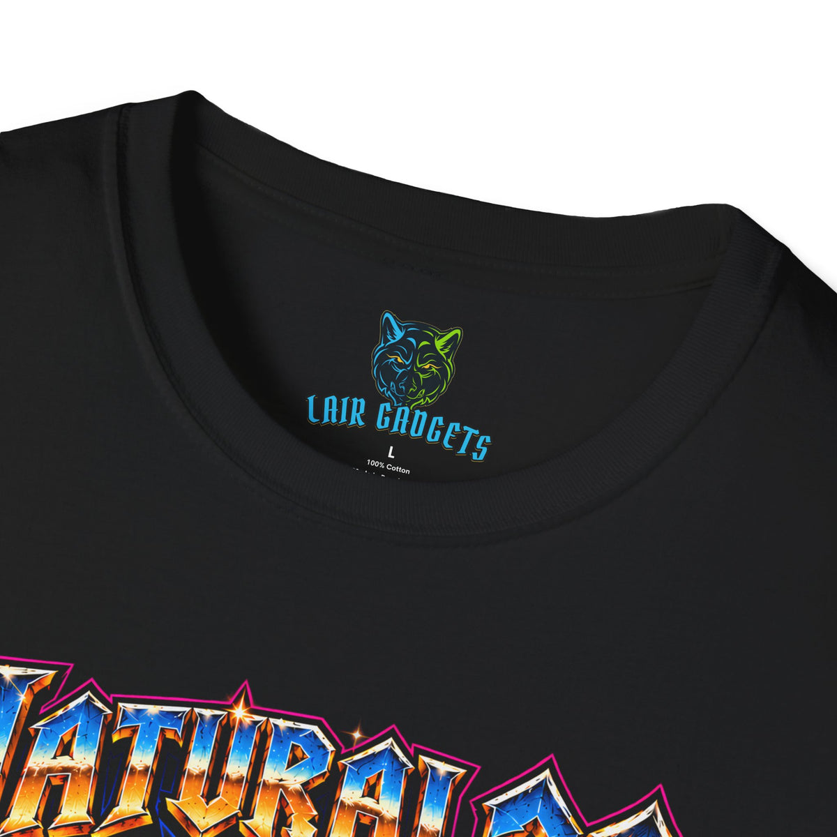 Black tee with a fire-breathing green dragon holding a glowing d20 showing 20 under the words Natural 20, But My Back Rolled a Nat 1 (neck label view)