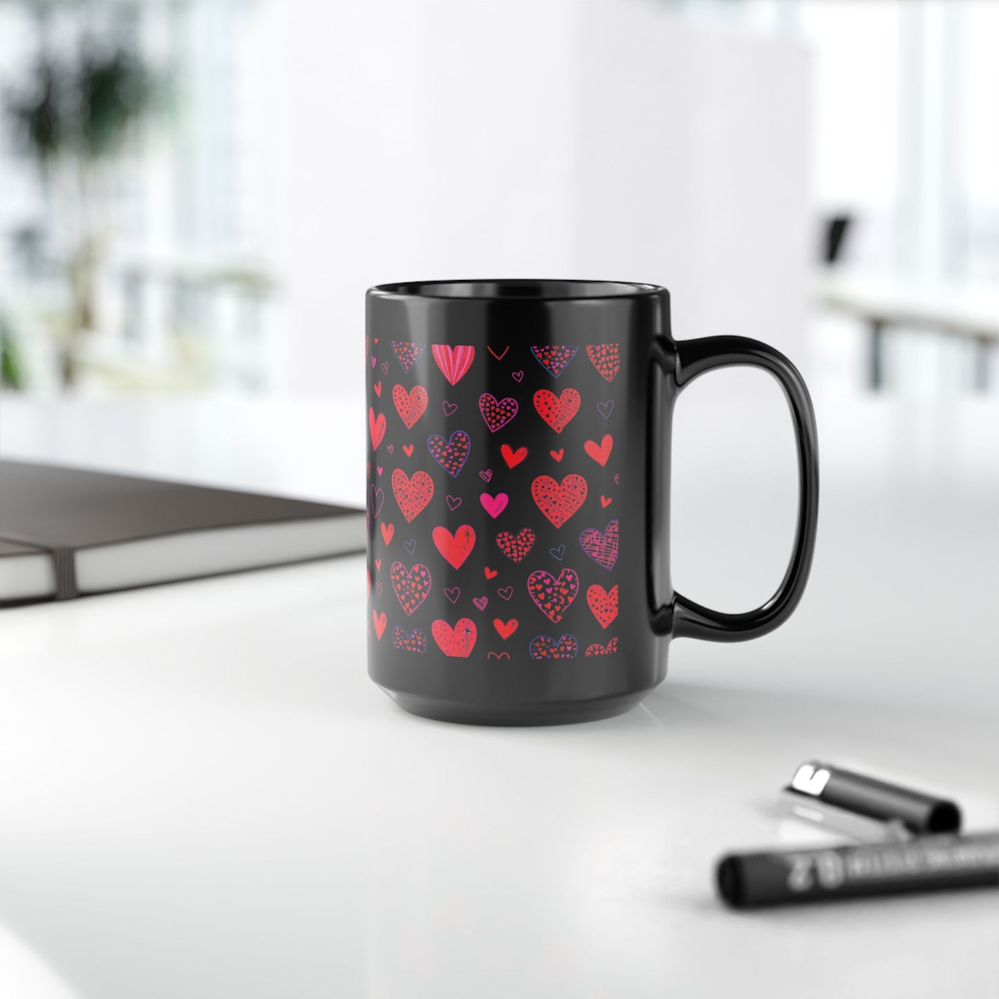 Heart Pattern Coffee Mug – Red and Pink Love Design on Black 15oz Ceramic Cup by Lair Gadgets Black Mug (15oz)