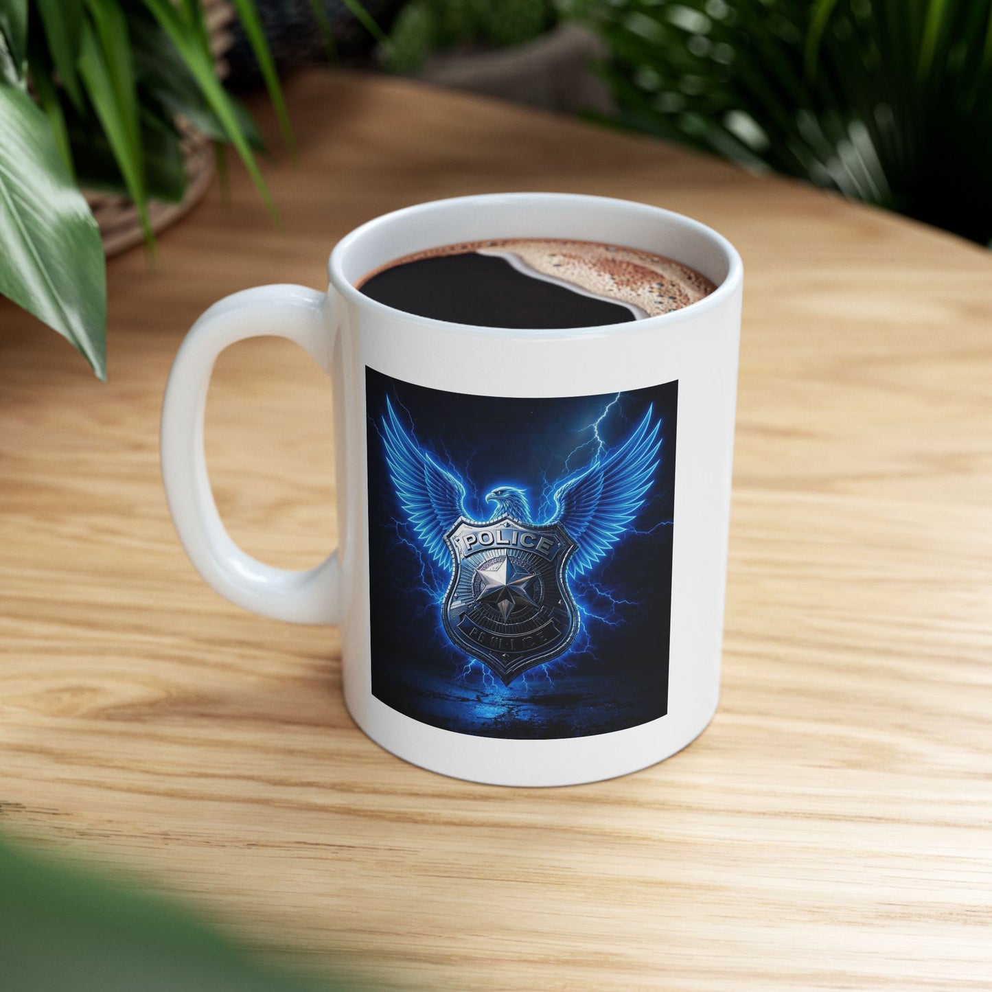 Shield of the Streets Police Mug – Storm Response Series – 11oz Black Ceramic Mug with Double-Sided Electric Badge and Wing Design – Lair Gadgets Law Enforcement Gift