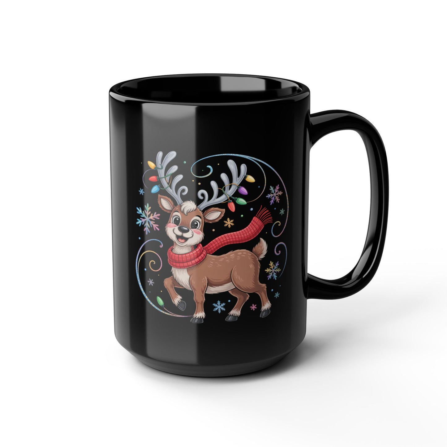 Festive Reindeer Mug by Lair Gadgets – 15 oz Black Ceramic Coffee Cup with Holiday Lights and Red Scarf Design