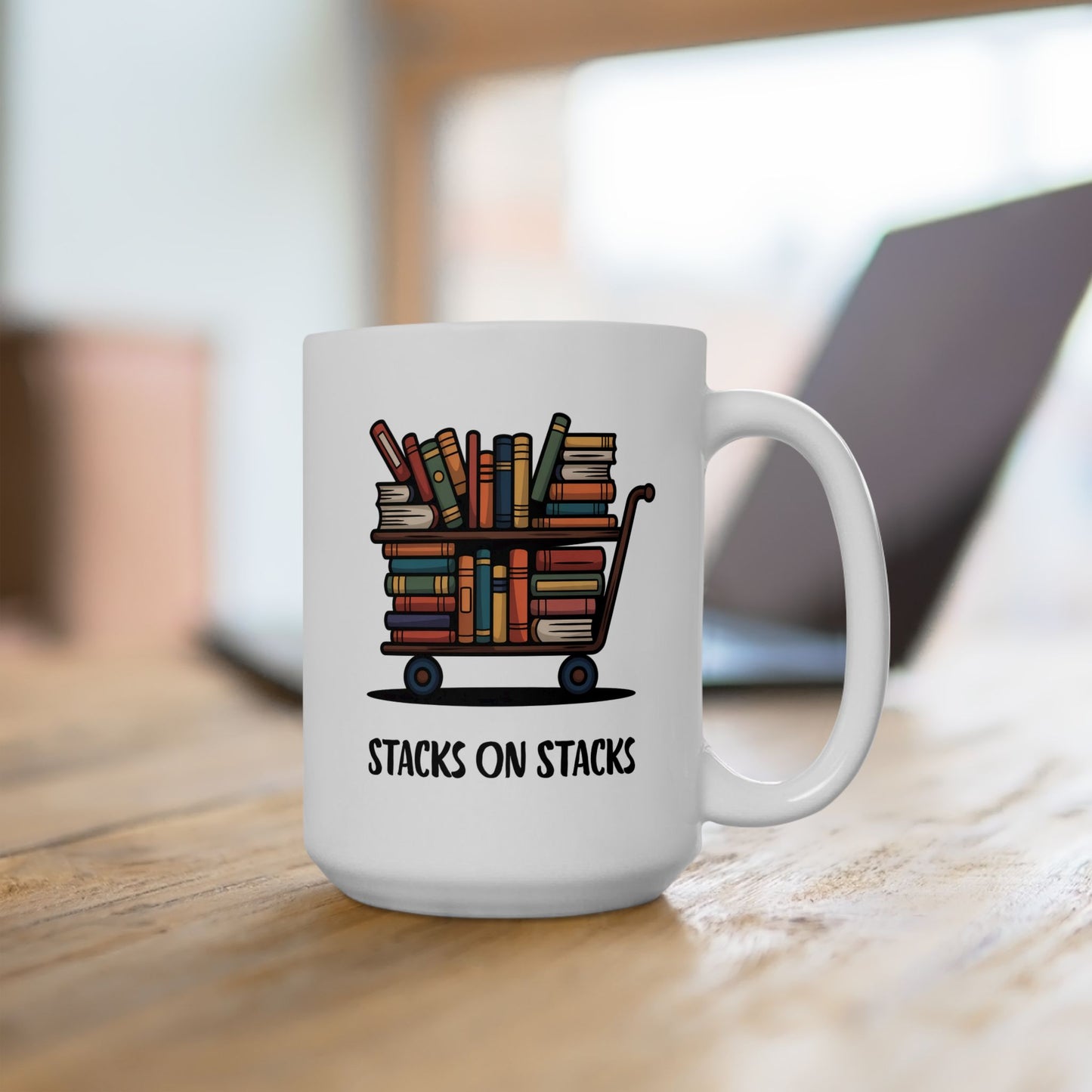 Librarian Coffee Mug – “Stacks on Stacks” Library Cart Design, Book Lover Gift