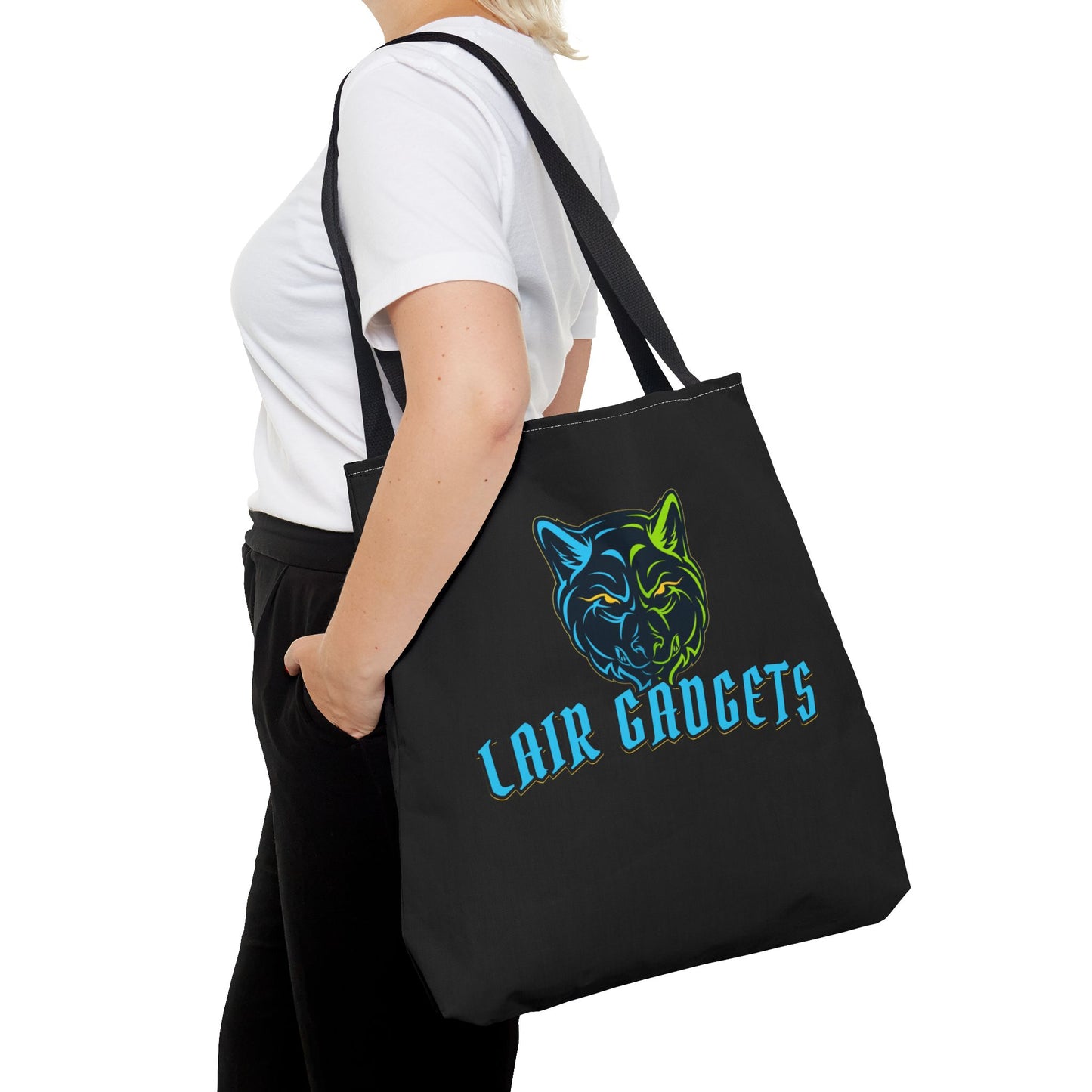 Lair Gadgets Tote Bag - Stylish Black Canvas Bag with Wolf Design & QR Code