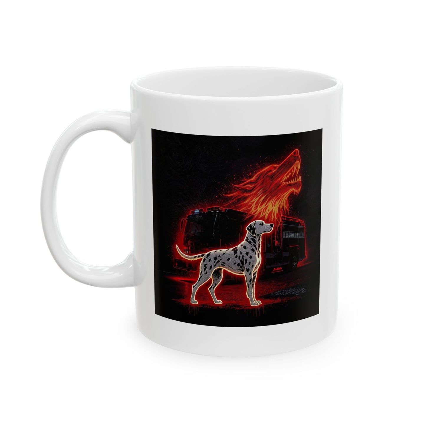 Lair Fire Crew Mug – Storm Response Series – 11oz Black Ceramic Mug with Double-Sided Dalmatian, Firetruck, and Wolf Flame Design – Lair Gadgets Firehouse Gift
