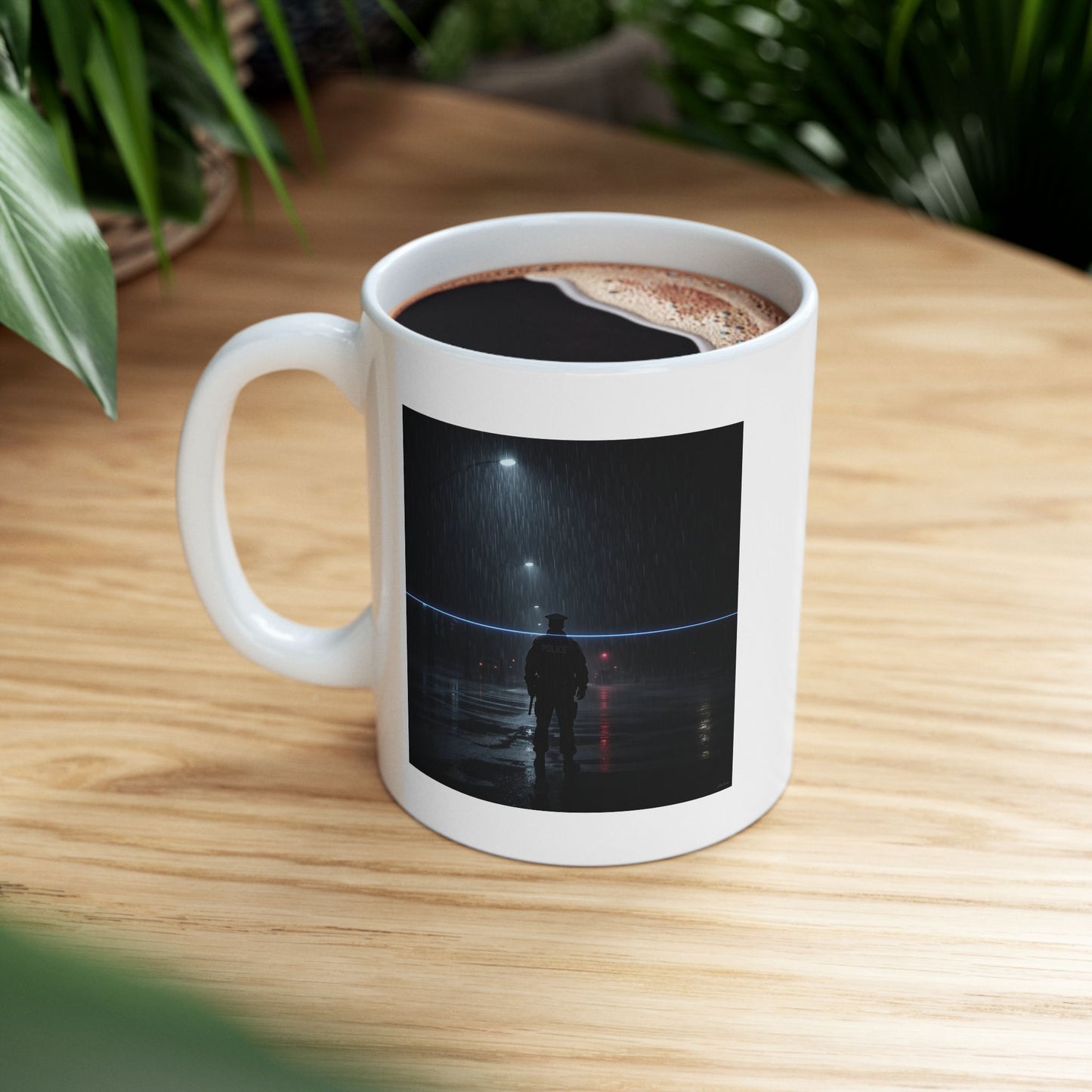 Silent Watch Police Mug – Storm Response Series – 11oz Black Ceramic Mug with Double-Sided Rain Silhouette and Thin Blue Line Art – Lair Gadgets Law Enforcement Gift