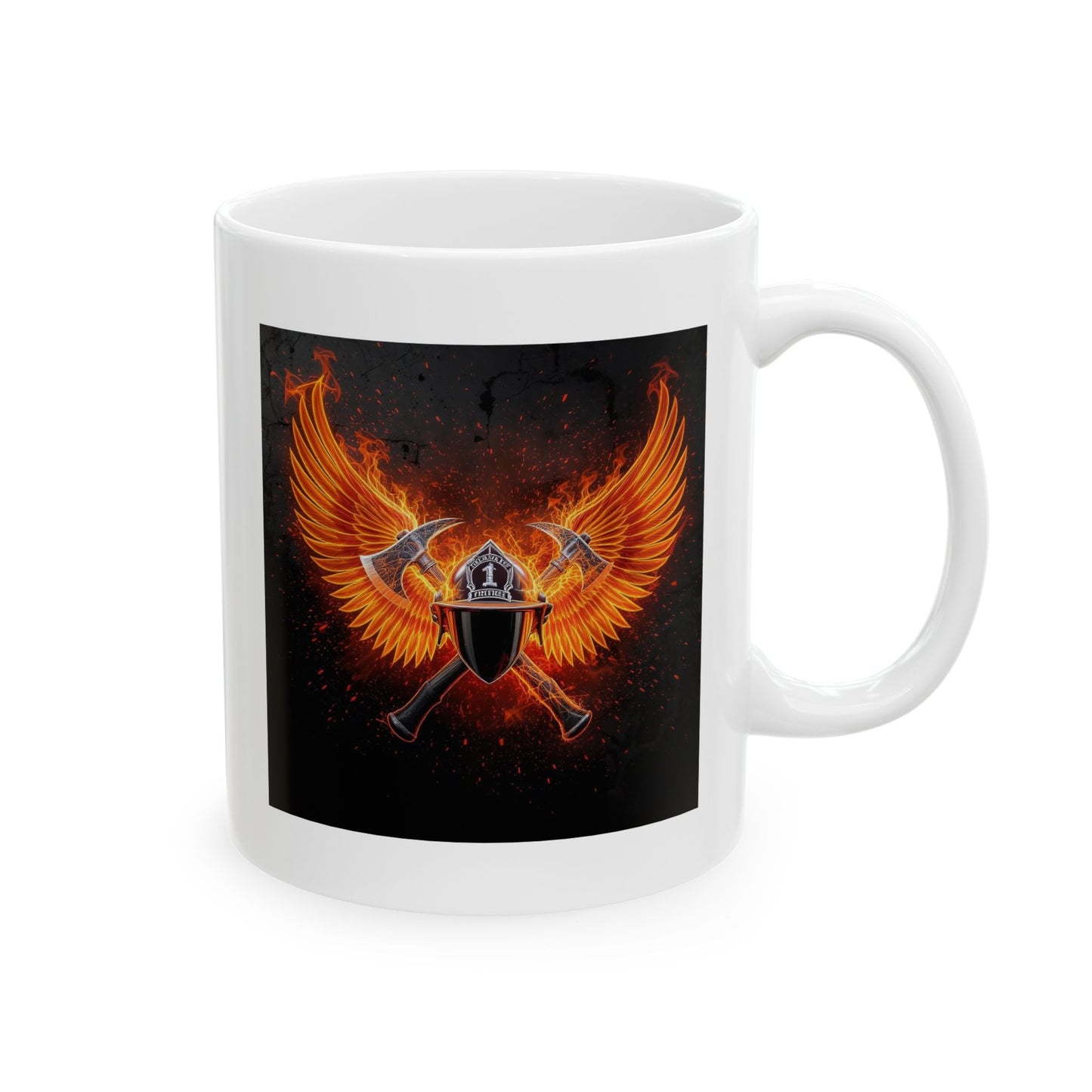 Forged in Flame Firefighter Mug – Storm Response Series – 11oz Black Ceramic Mug with Double-Sided Fire Helmet and Axe Wing Design – Lair Gadgets First Responder Gift