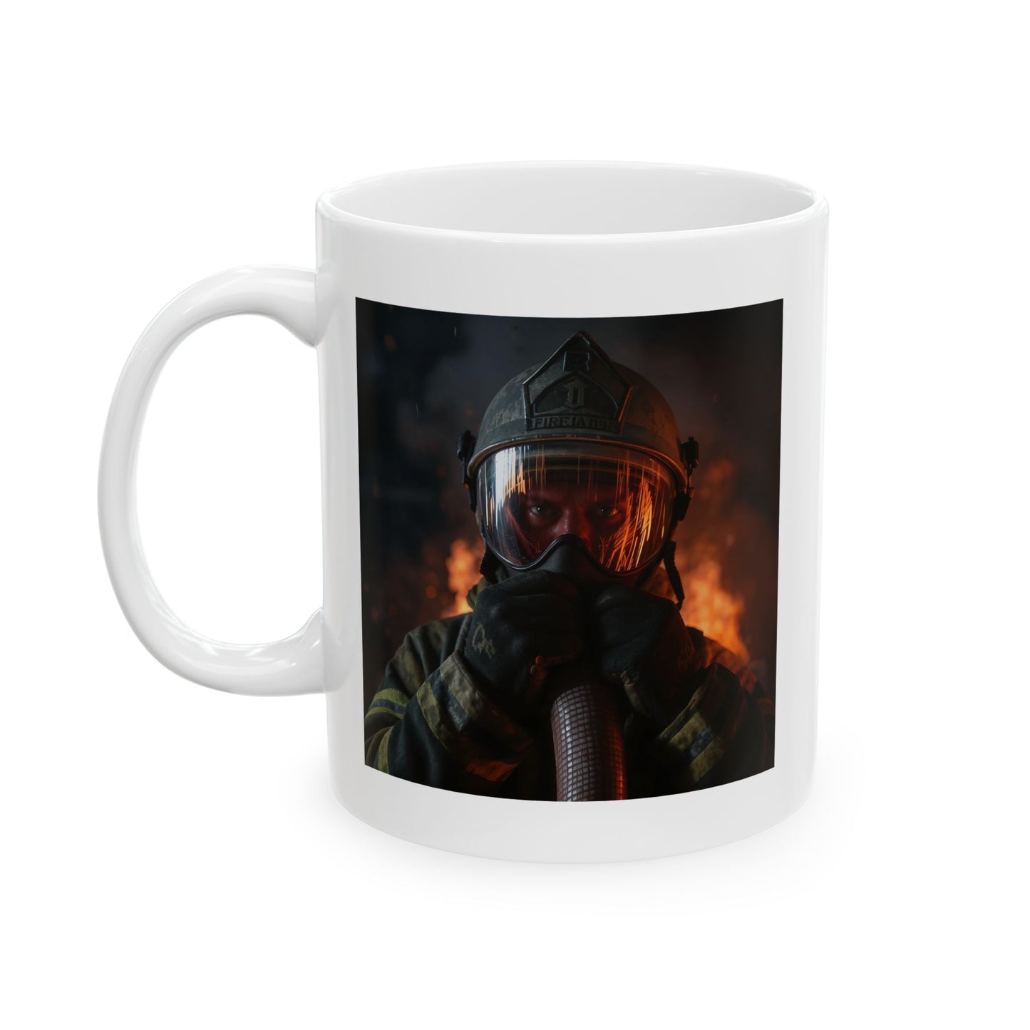 Unseen Battles Firefighter Mug – Storm Response Series – 11oz Black Ceramic Mug with Double-Sided Fire Visor and Flame Reflection Art – Lair Gadgets First Responder Gift