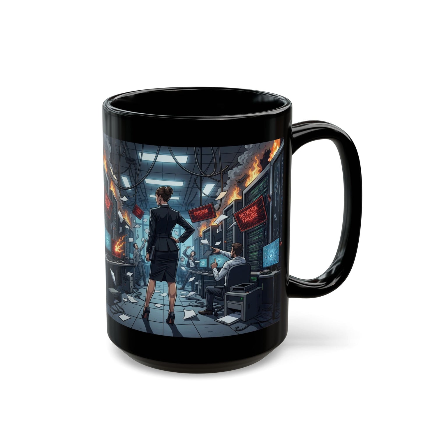 Black Mug — "Female Executive" Control Room System Down Design (11oz, 15oz)