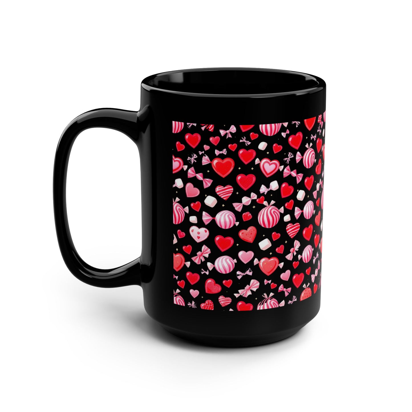 15oz Black Mug — Red & Pink Heart Pattern Valentine’s -92