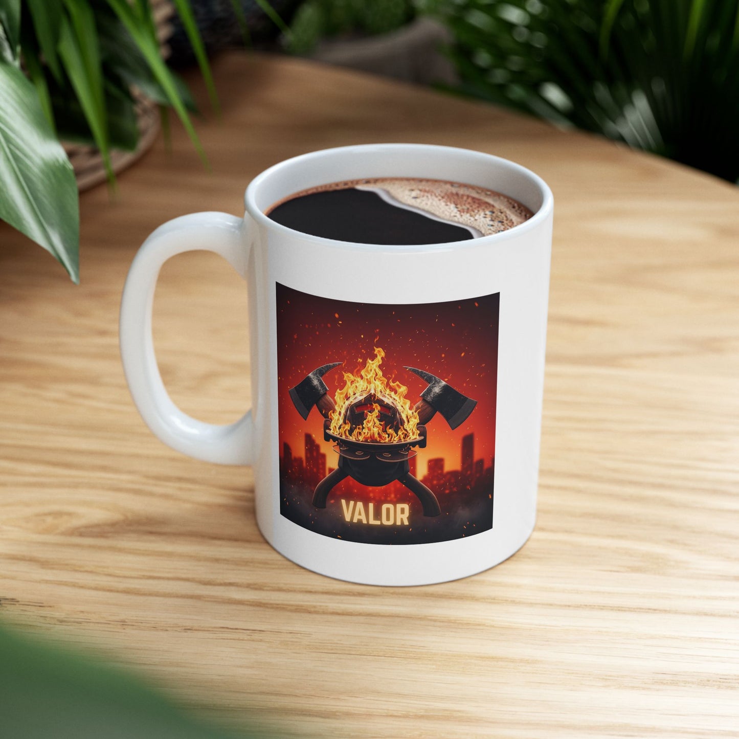 Firefighter Valor Mug, Fiery Helmet, Ax Illustration, Cityscape, Firefighter Gift, Heroic, Inspirational, Coffee Mug, Tea Cup