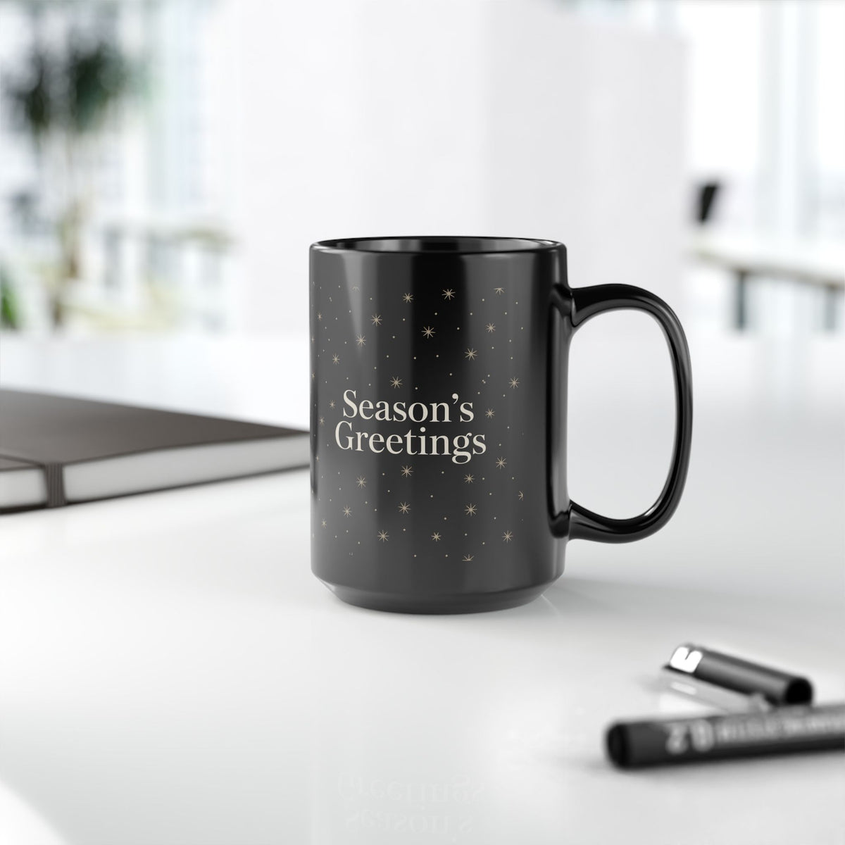 Starry Season's Greetings Coffee Mug – 15oz Black Ceramic
