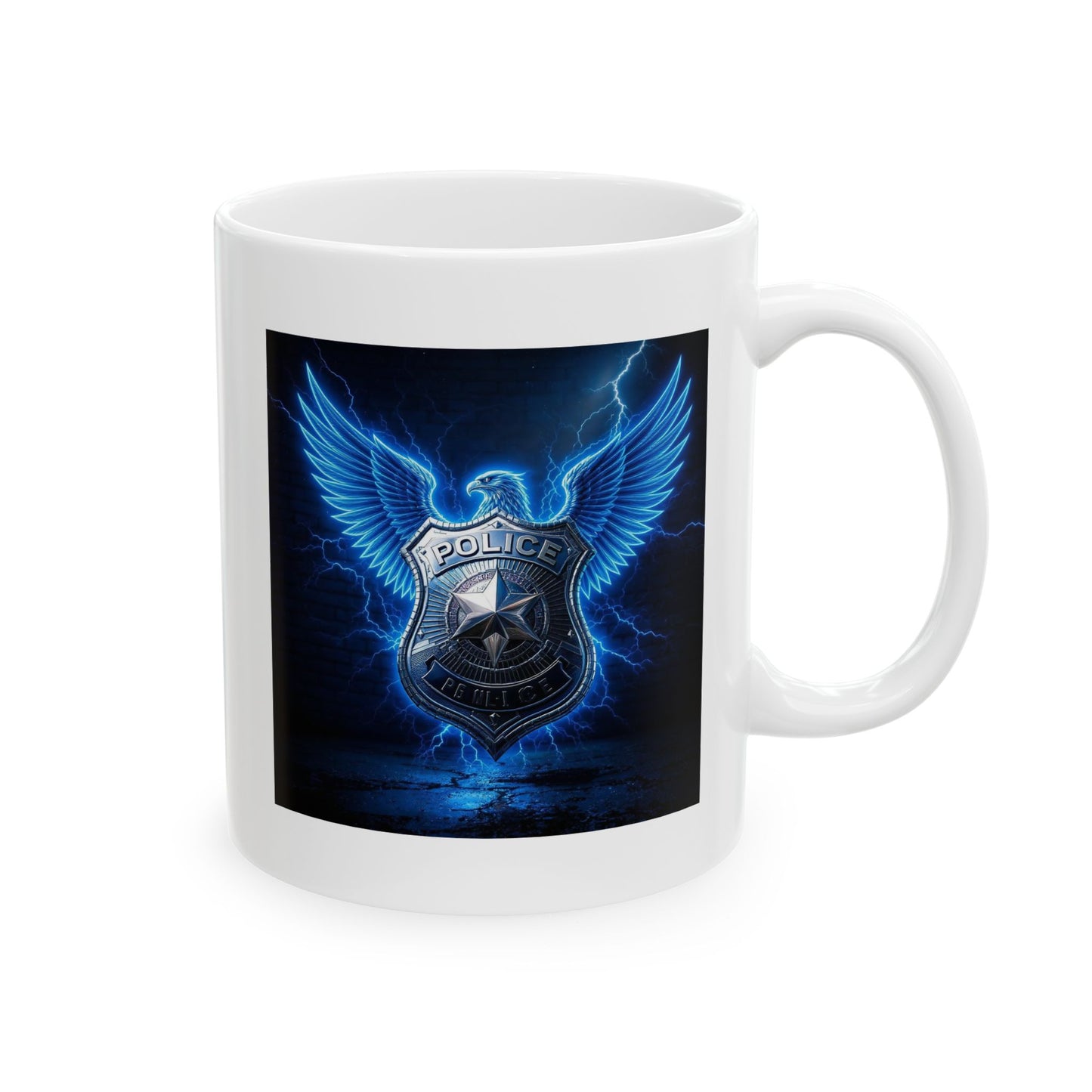 Shield of the Streets Police Mug – Storm Response Series – 11oz Black Ceramic Mug with Double-Sided Electric Badge and Wing Design – Lair Gadgets Law Enforcement Gift