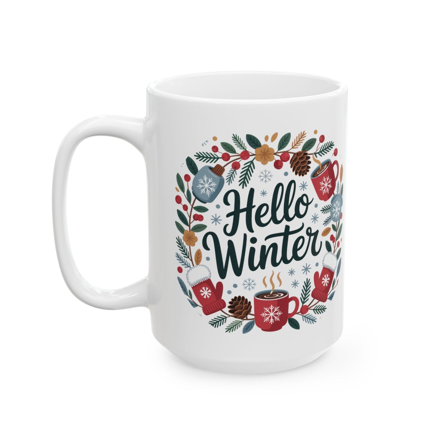 Hello Winter Mug by Lair Gadgets – 15 oz White Ceramic Coffee Cup with Festive Seasonal Wreath Design