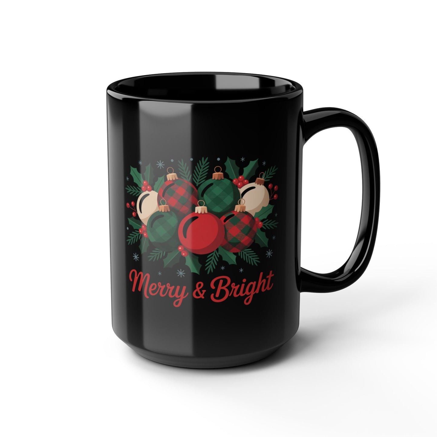 Merry & Bright Holiday Mug by Lair Gadgets – 15 oz Black Ceramic Coffee Cup with Christmas Ornament and Holly Design