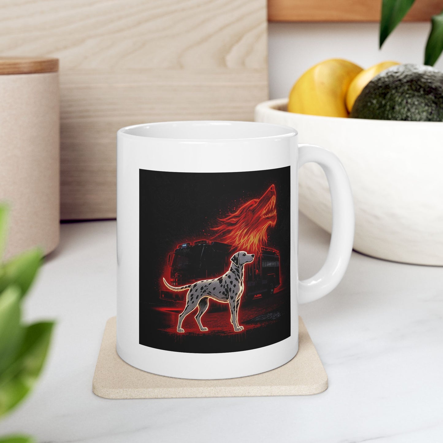 Lair Fire Crew Mug – Storm Response Series – 11oz Black Ceramic Mug with Double-Sided Dalmatian, Firetruck, and Wolf Flame Design – Lair Gadgets Firehouse Gift