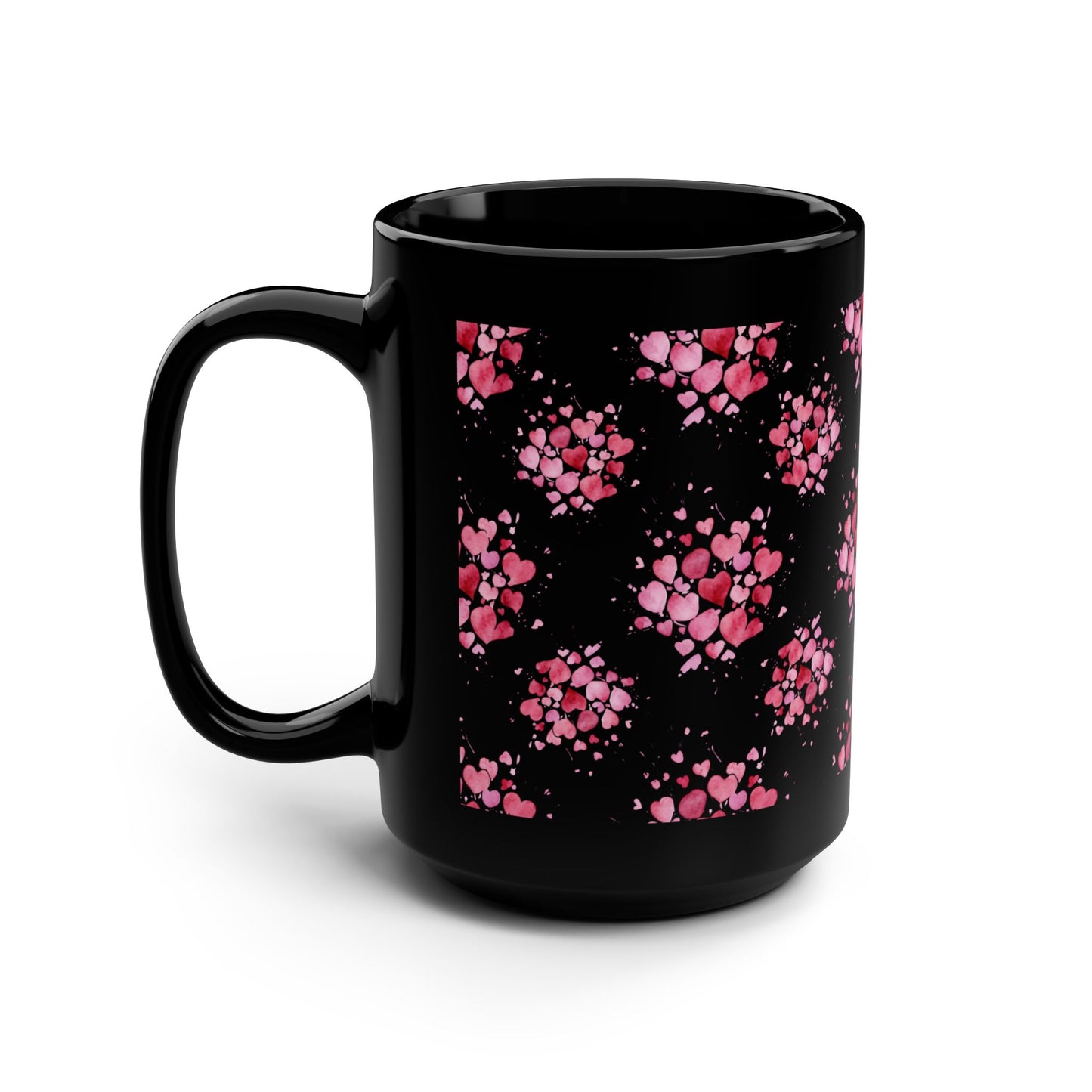 15oz Black Mug — Pink Heart Cluster Pattern -Score 85