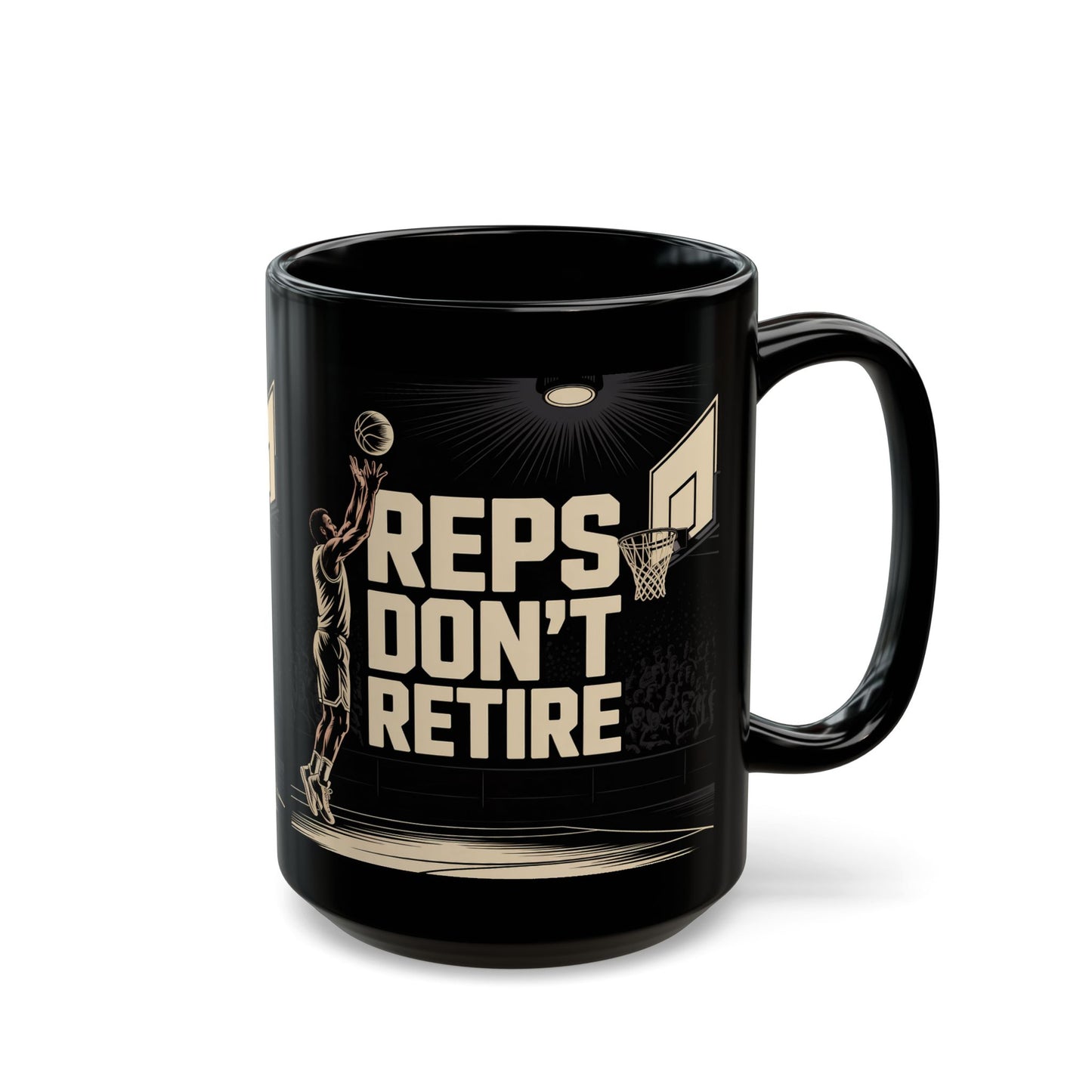 Basketball 'Reps Don't Retire' Black Mug -Male — Motivational Sports Coffee Cup (15oz)