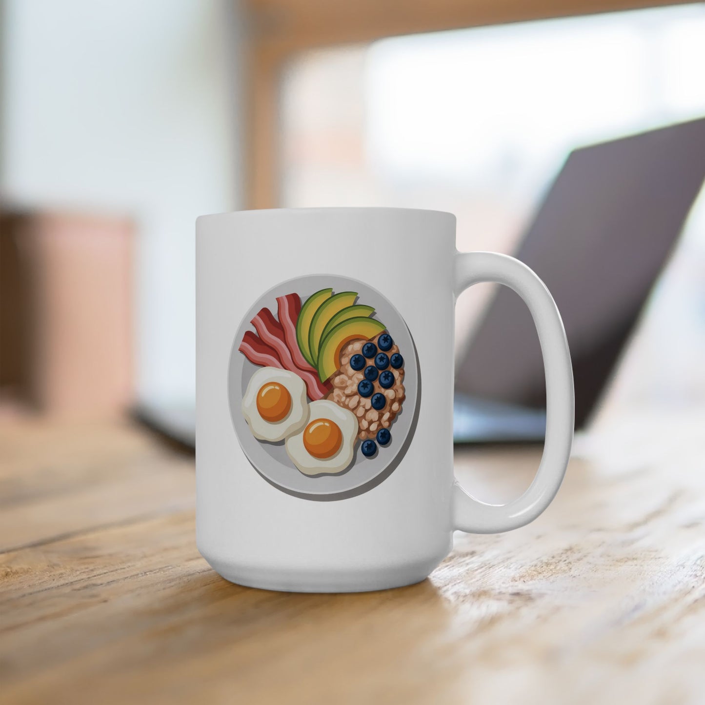 Breakfast Plate Ceramic Mug — Cute Sunny Side Eggs & Berries Coffee Cup (15oz)