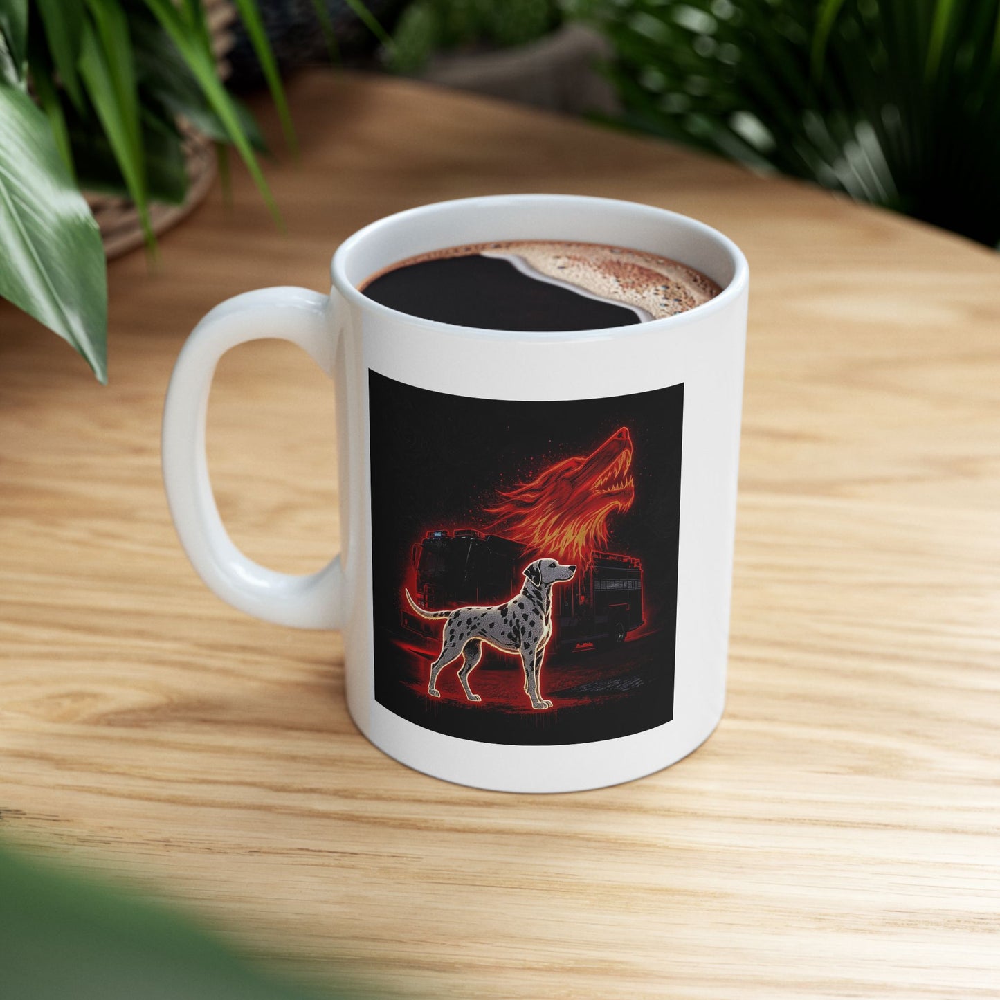 Lair Fire Crew Mug – Storm Response Series – 11oz Black Ceramic Mug with Double-Sided Dalmatian, Firetruck, and Wolf Flame Design – Lair Gadgets Firehouse Gift