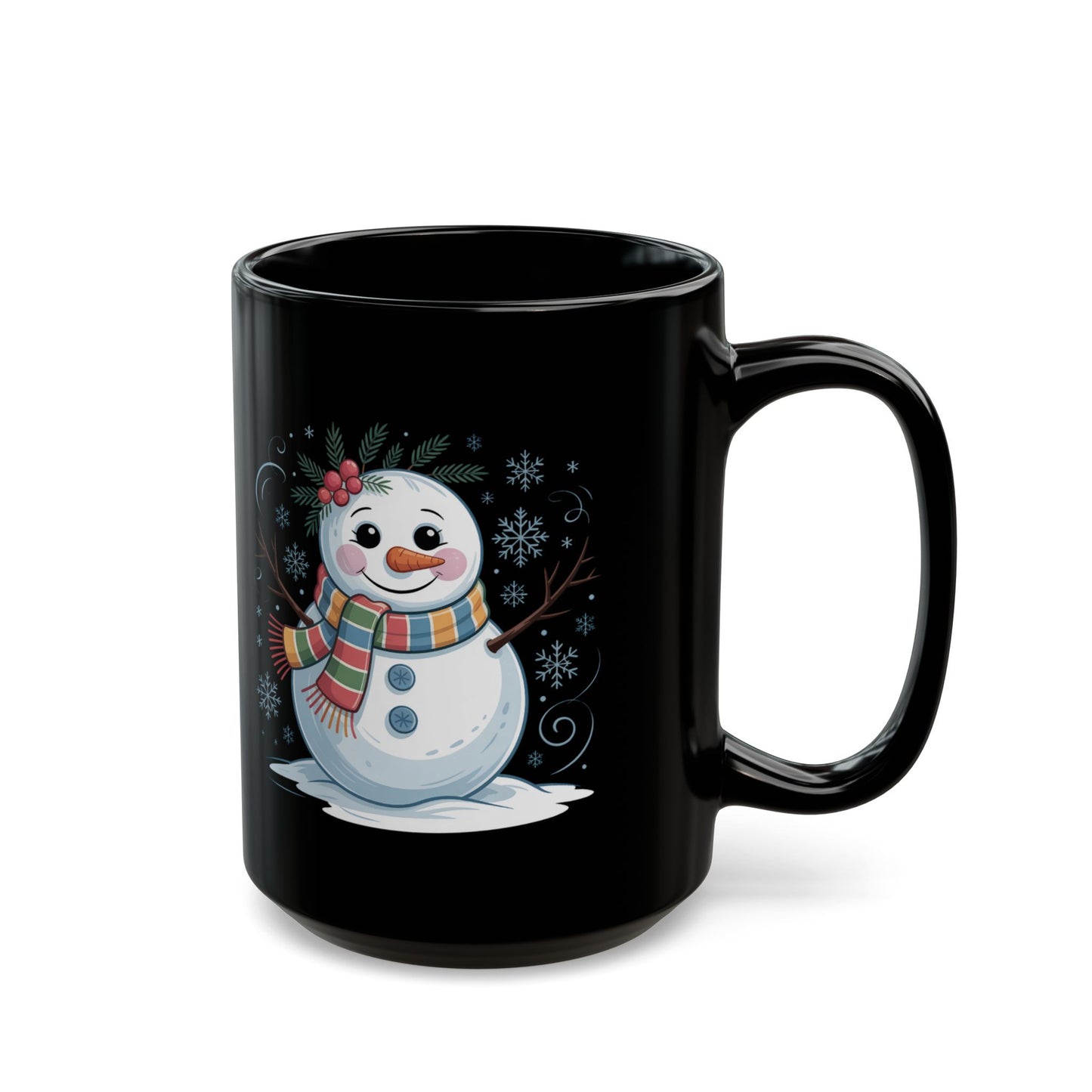 Holly Frost Snowman Mug by Lair Gadgets – 15 oz Black Ceramic Coffee Cup with Festive Holiday Snowman and Scarf Design