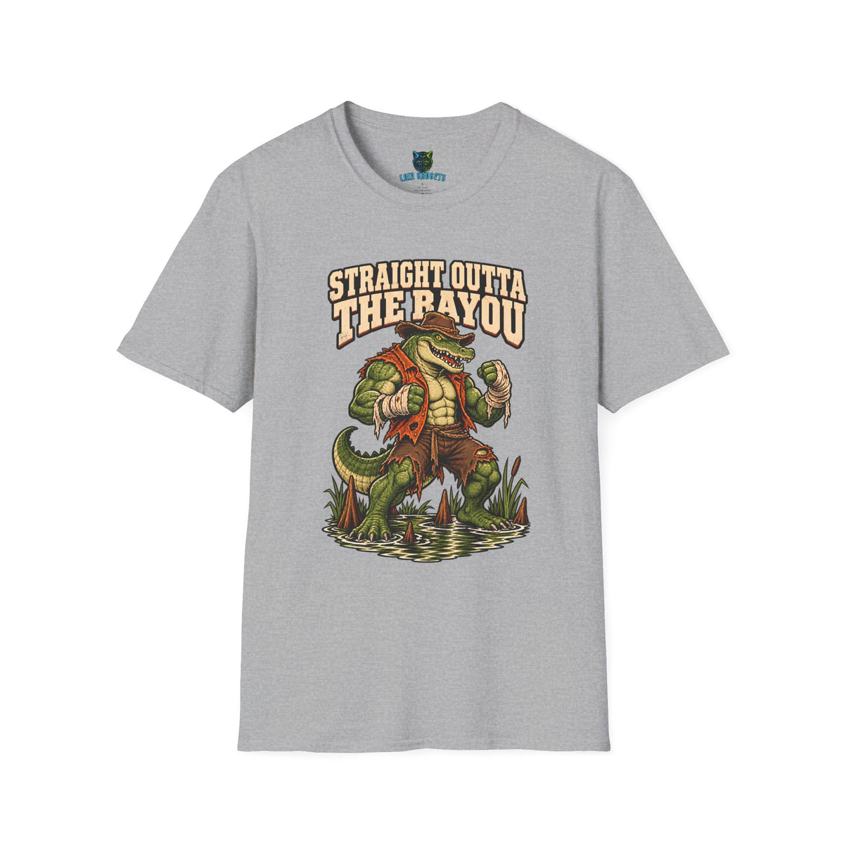 Sport grey t-shirt with Straight Outta The Bayou brawler alligator graphic