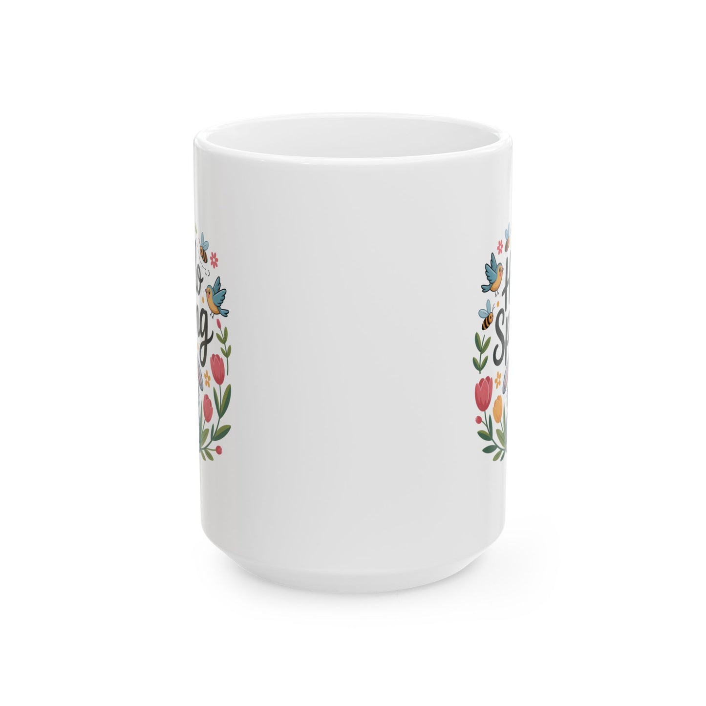 Spring Coffee Mug with Bunny and Floral Design, White Ceramic 15 oz Mug, Easter and Seasonal Drinkware by Lair Gadgets