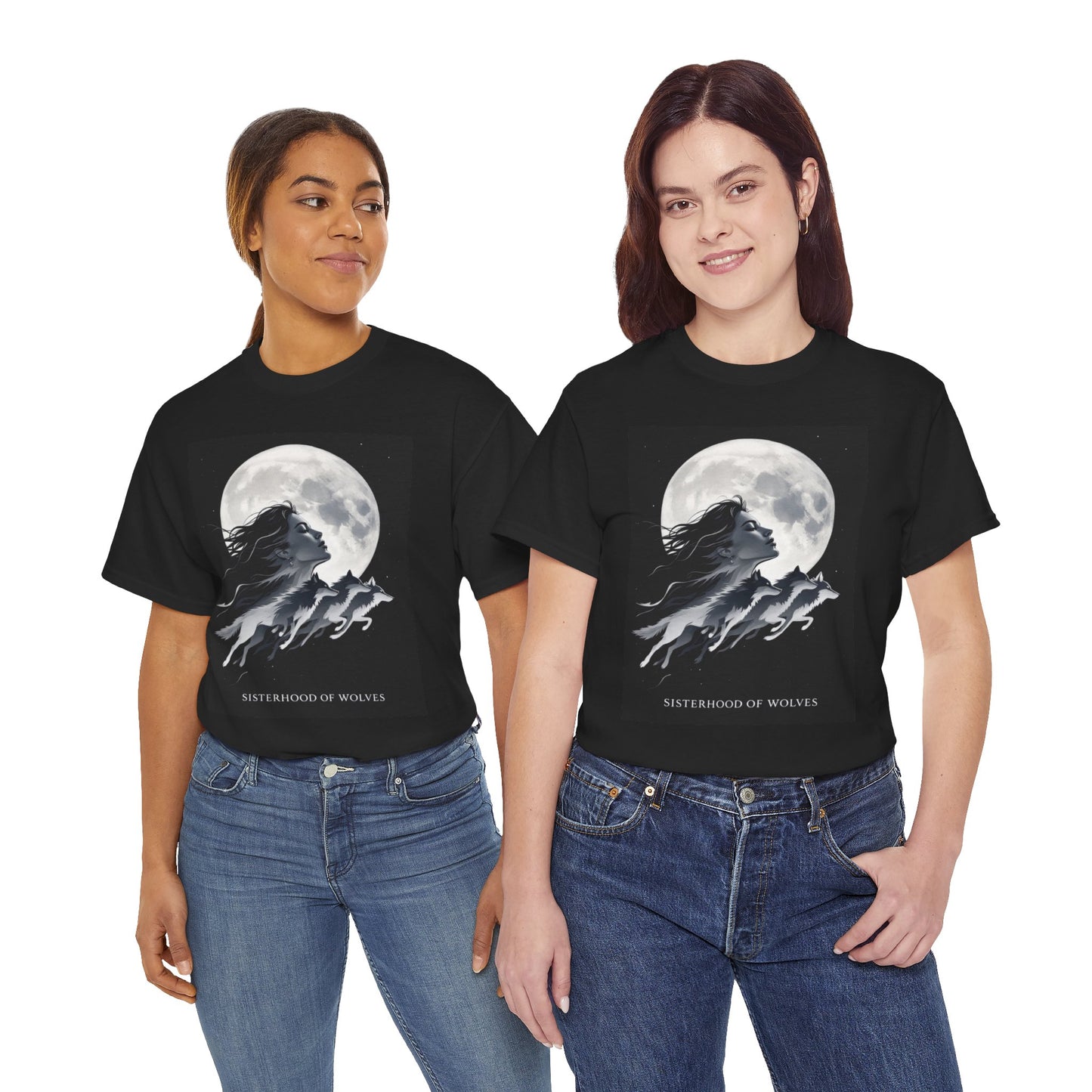 Sisterhood of Wolves Tee, Heavy Cotton T-shirt with Mystical Moon Design