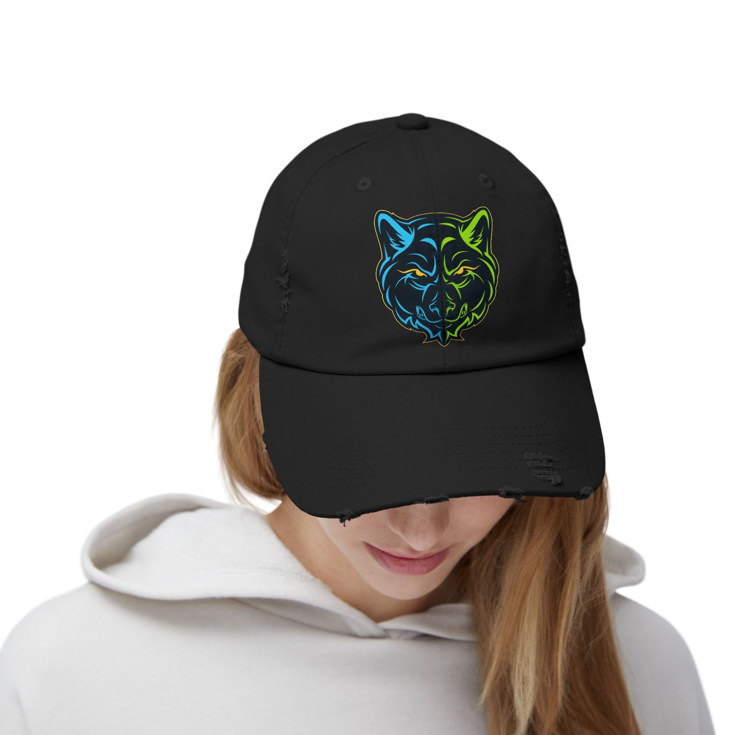 Lair Gadgets Vibrant Distressed Cap with Wolf Design | Unisex Cap for Outdoor Adventures, Casual Style, Gift for Animal Lovers, Summer Accessory