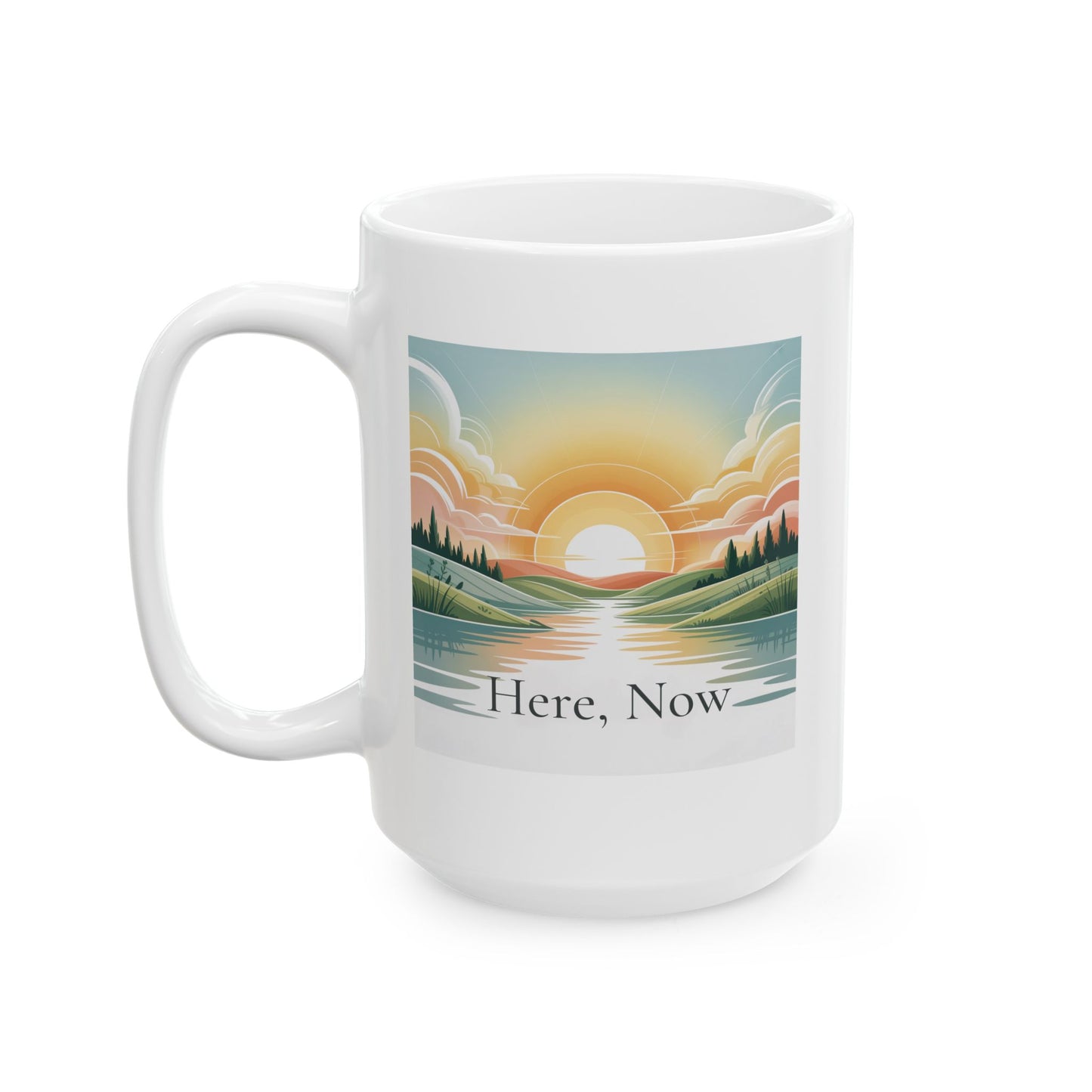 Scenic Sunrise Lake Ceramic Mug — Retro Nature Coffee Cup (11oz & 15oz)