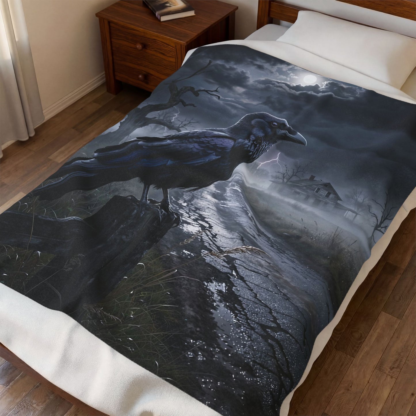 Raven Throw Blanket – Gothic Plush Blanket for Couch Bed Sofa – Dark Academia Moonlit Decor – Raven Hollow Road by Lair Gadgets