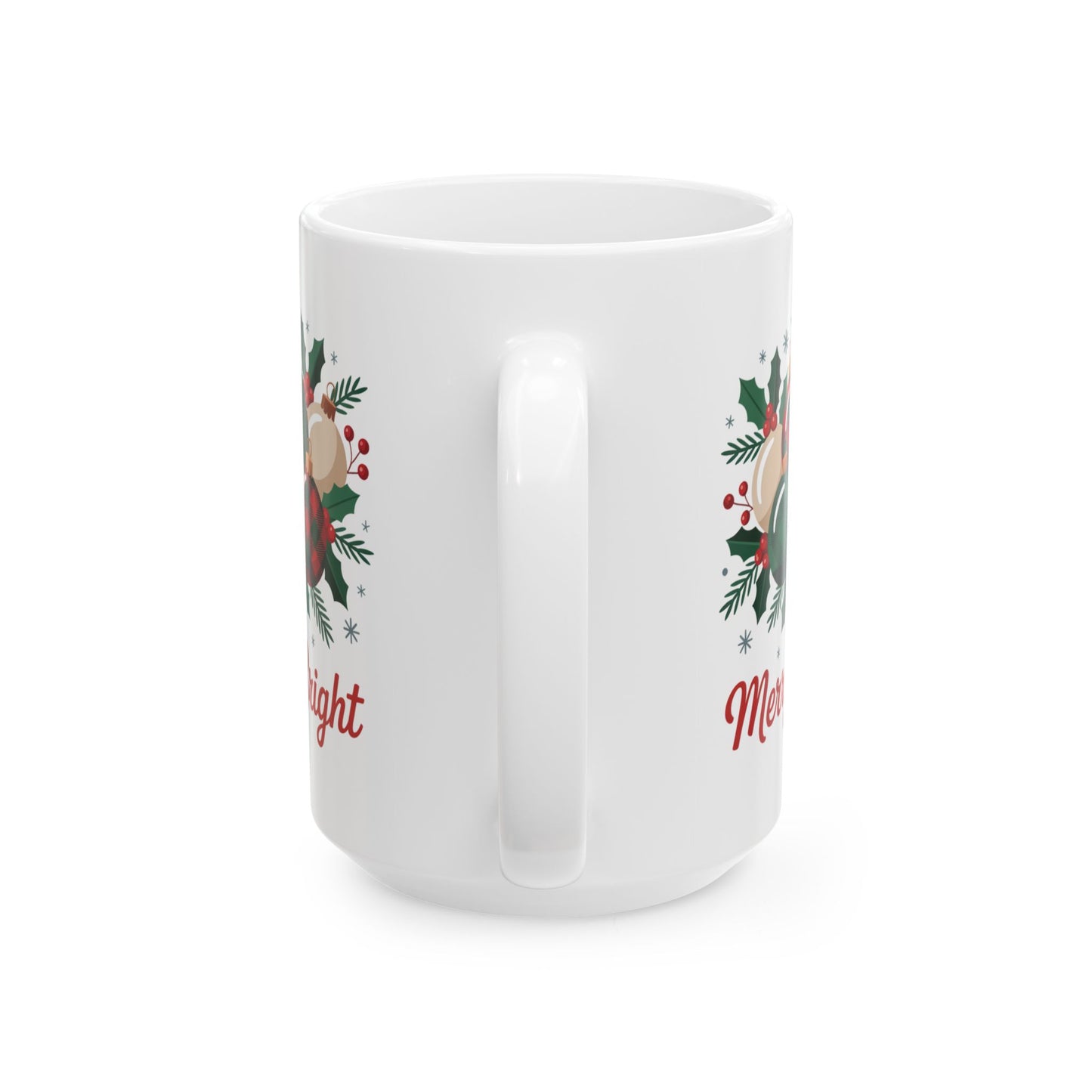 Merry & Bright Holiday Mug by Lair Gadgets – 15 oz White Ceramic Coffee Cup with Christmas Ornament and Holly Design